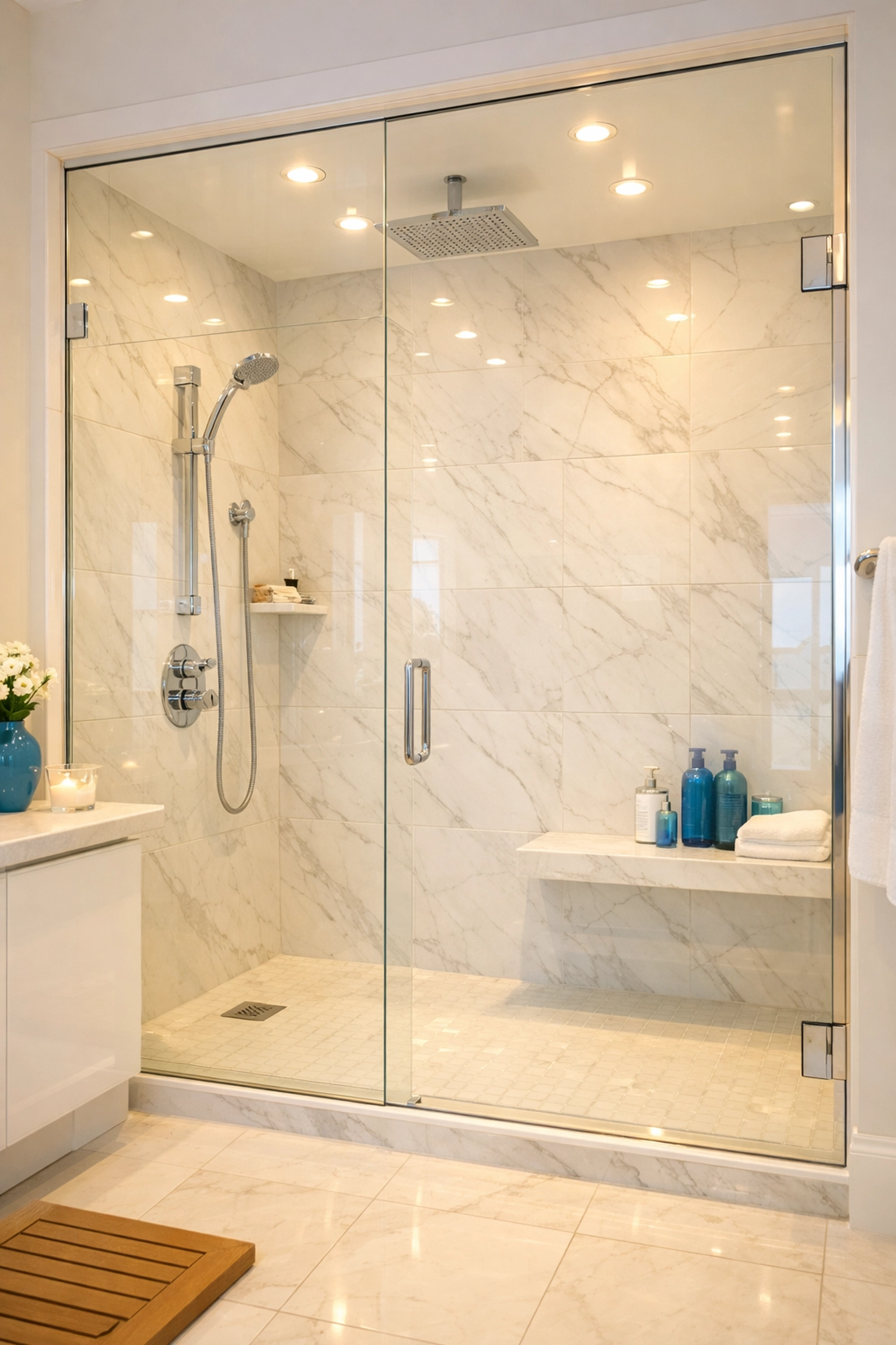 Clear and spotless glass shower doors in a modern bathroom after a professional cleaning.