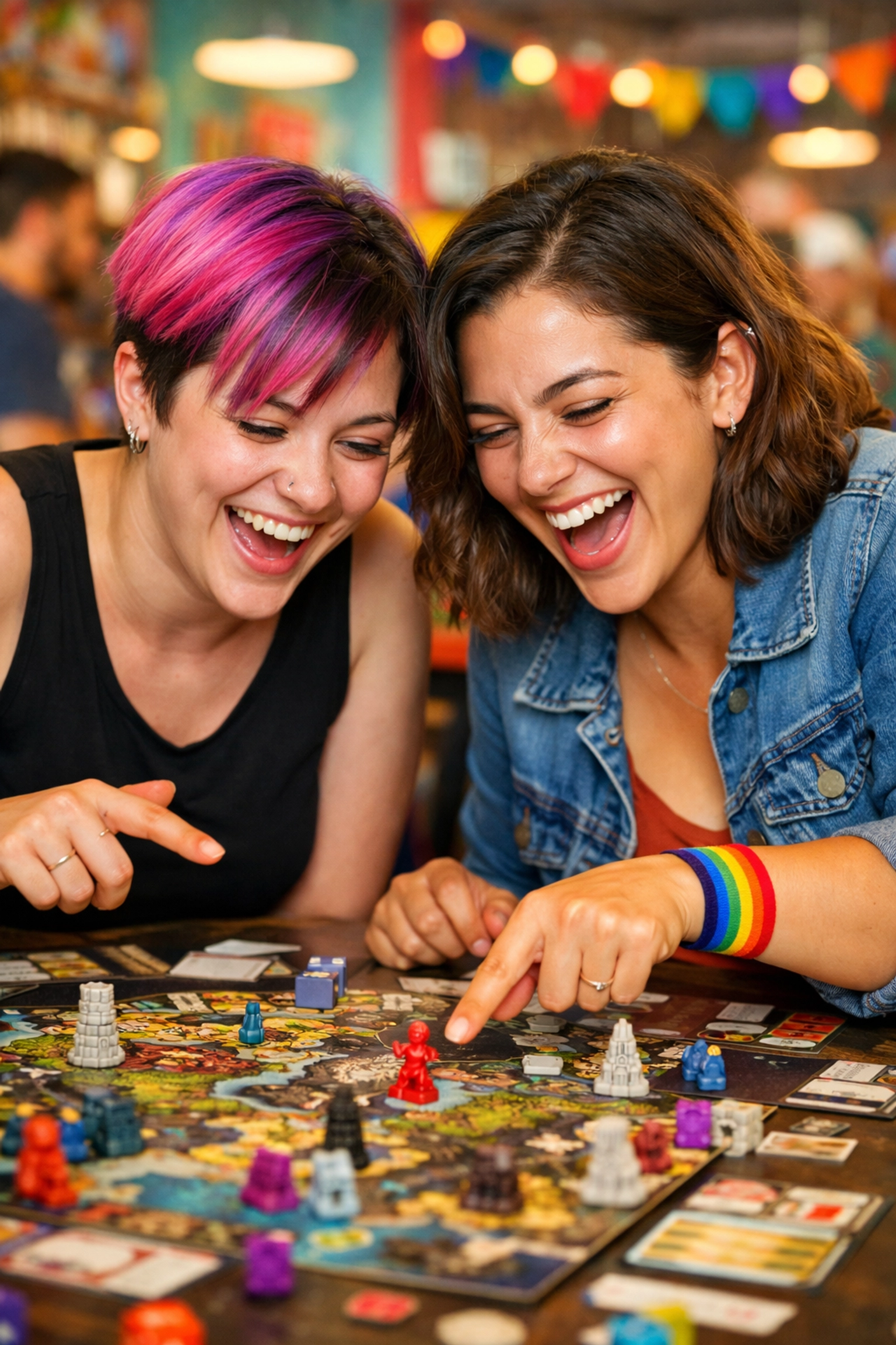 Two queer women building community connections over a board game at a local LGBTQ+ cafe.