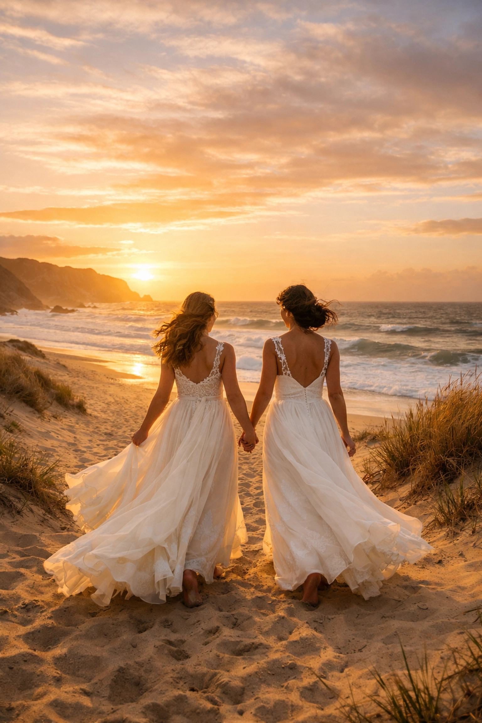 Lesbian brides on Guincho Beach Cascais during Portugal destination wedding celebration