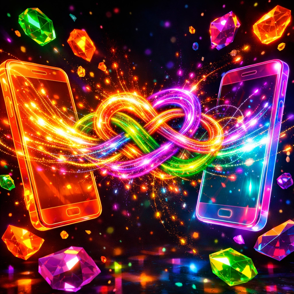 Glowing smartphones with digital light trails symbolizing the transition from dating apps to real-life hookups.