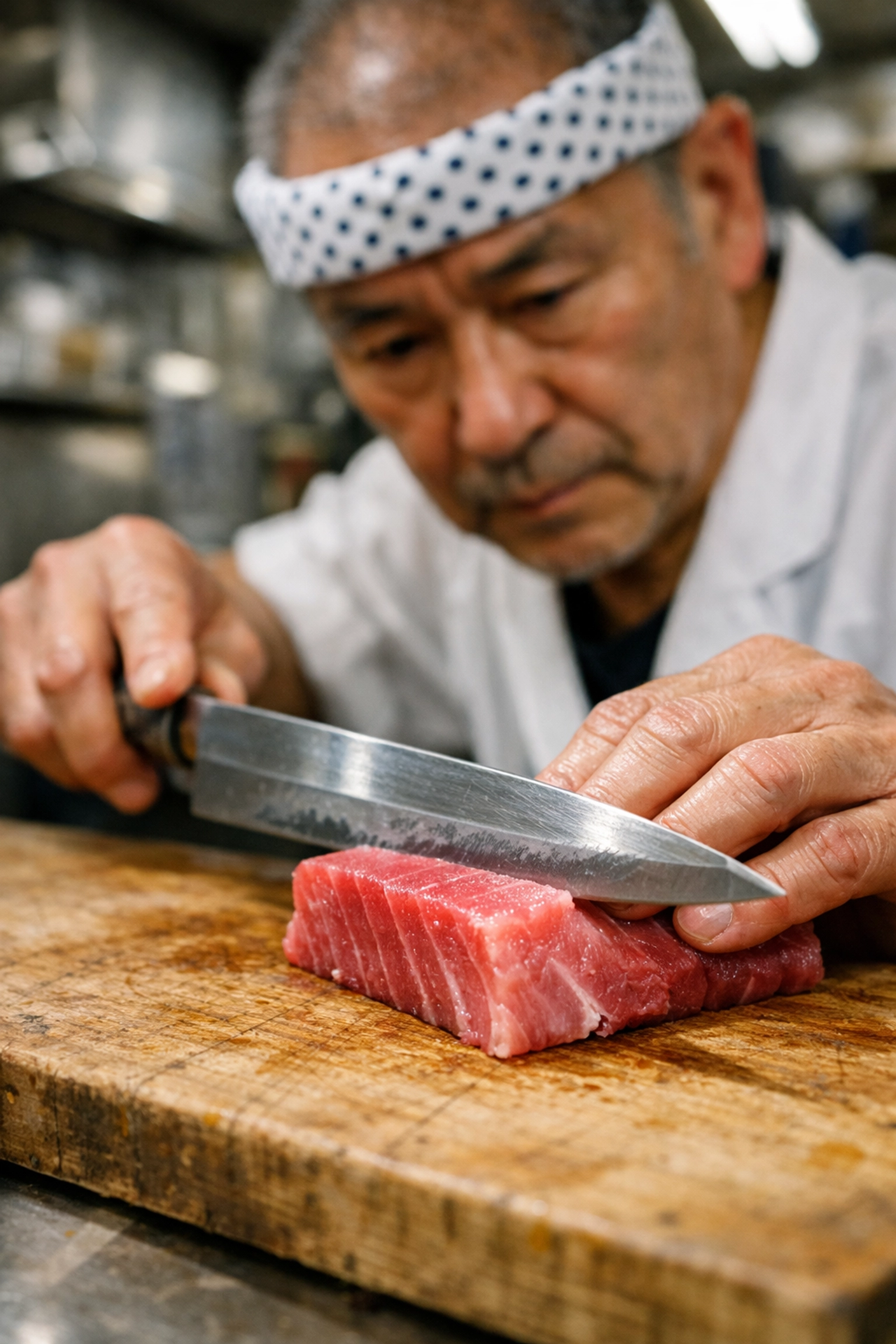 Sushi chef slicing fresh tuna at Tsukiji, a perfect photography spot to capture local culture.