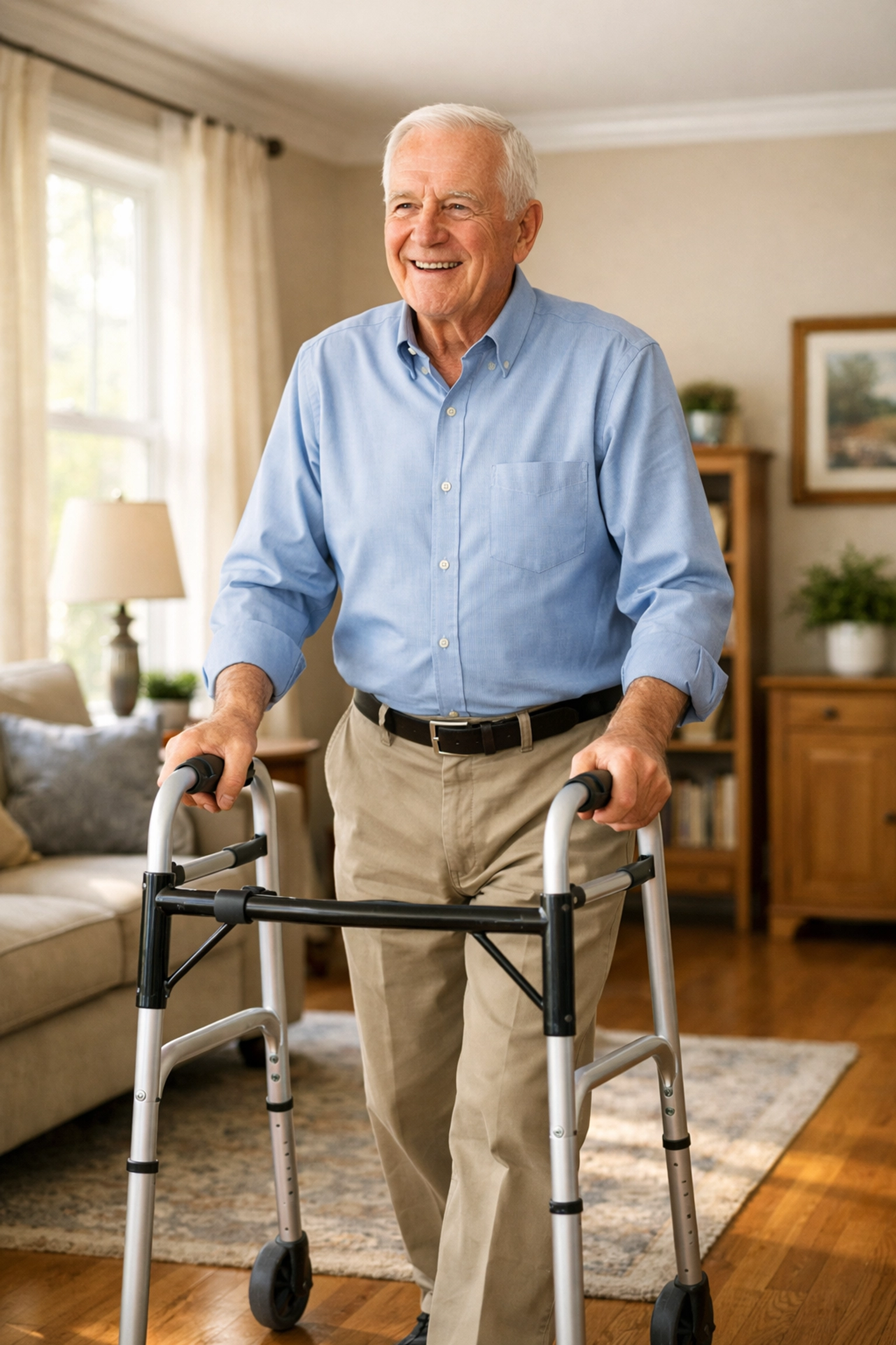 Senior man demonstrating correct upright posture while using a front-wheeled walker in a safe home.