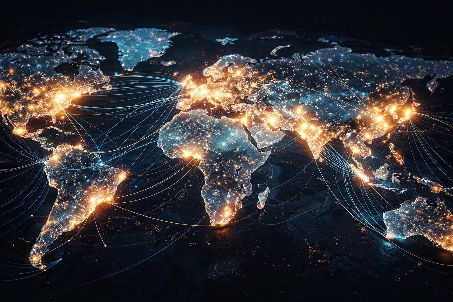 Illuminated world map showing global investment connectivity and regional hedge fund diversification for institutional investors