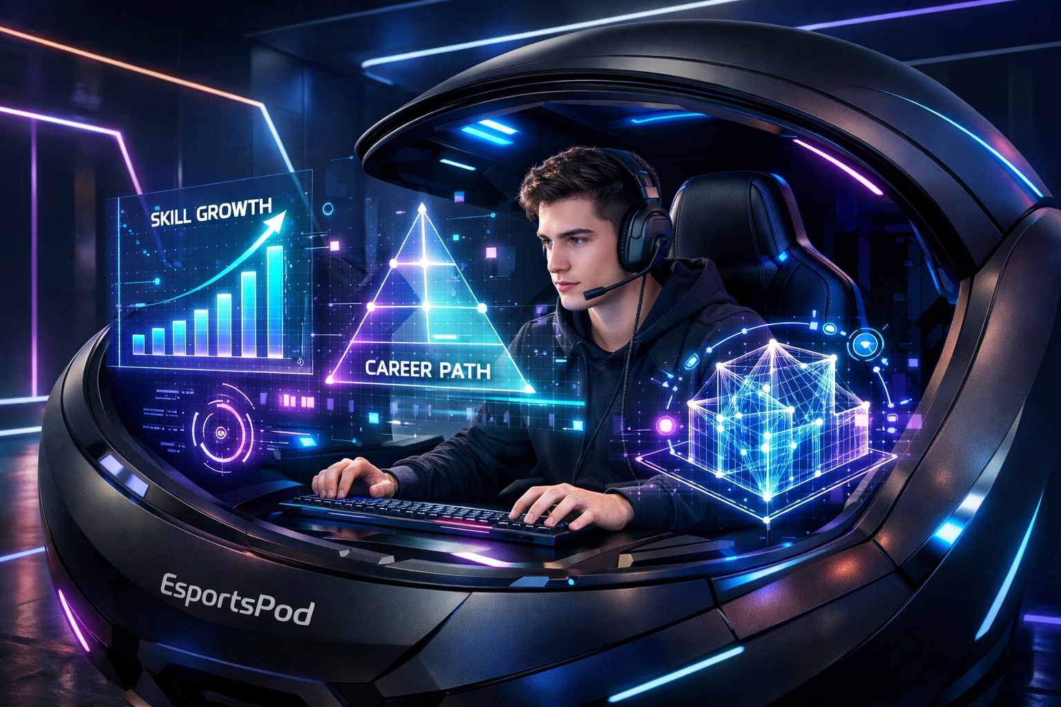 Young professional in a futuristic EsportsPod tracking career skill growth through immersive simulation technology.