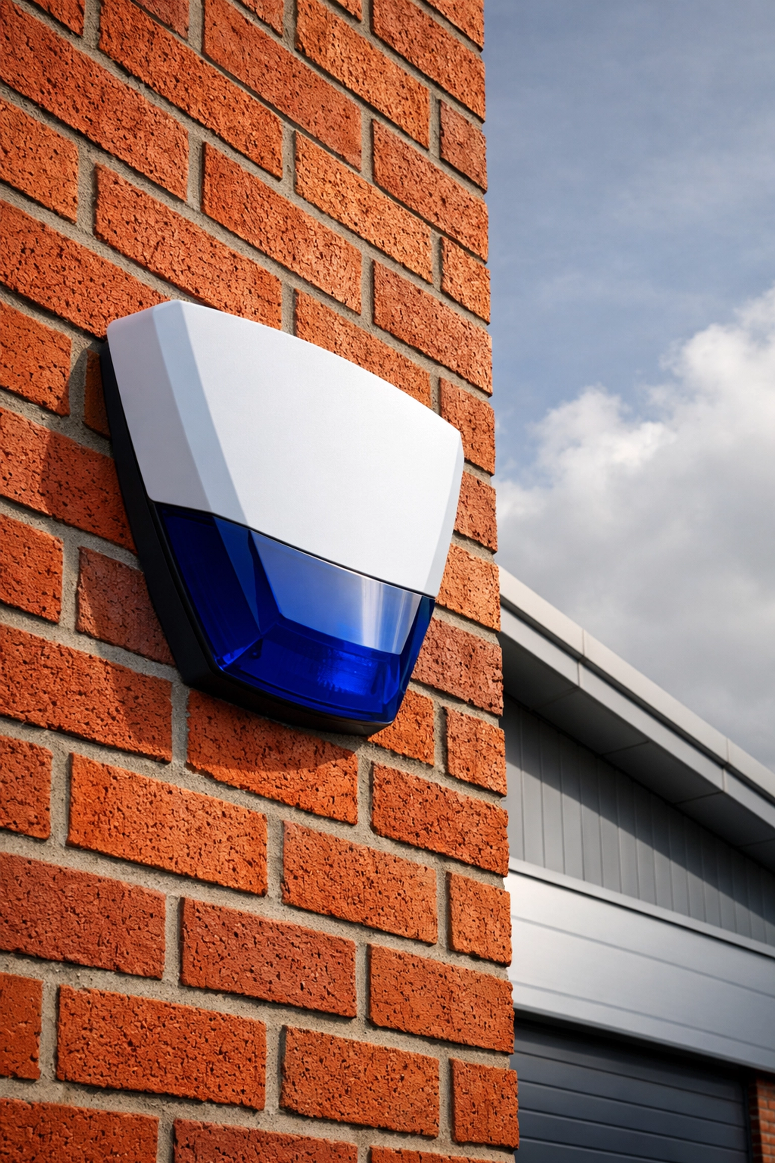 Modern external intruder alarm sounder mounted on a brick wall of a commercial property in Trowbridge.