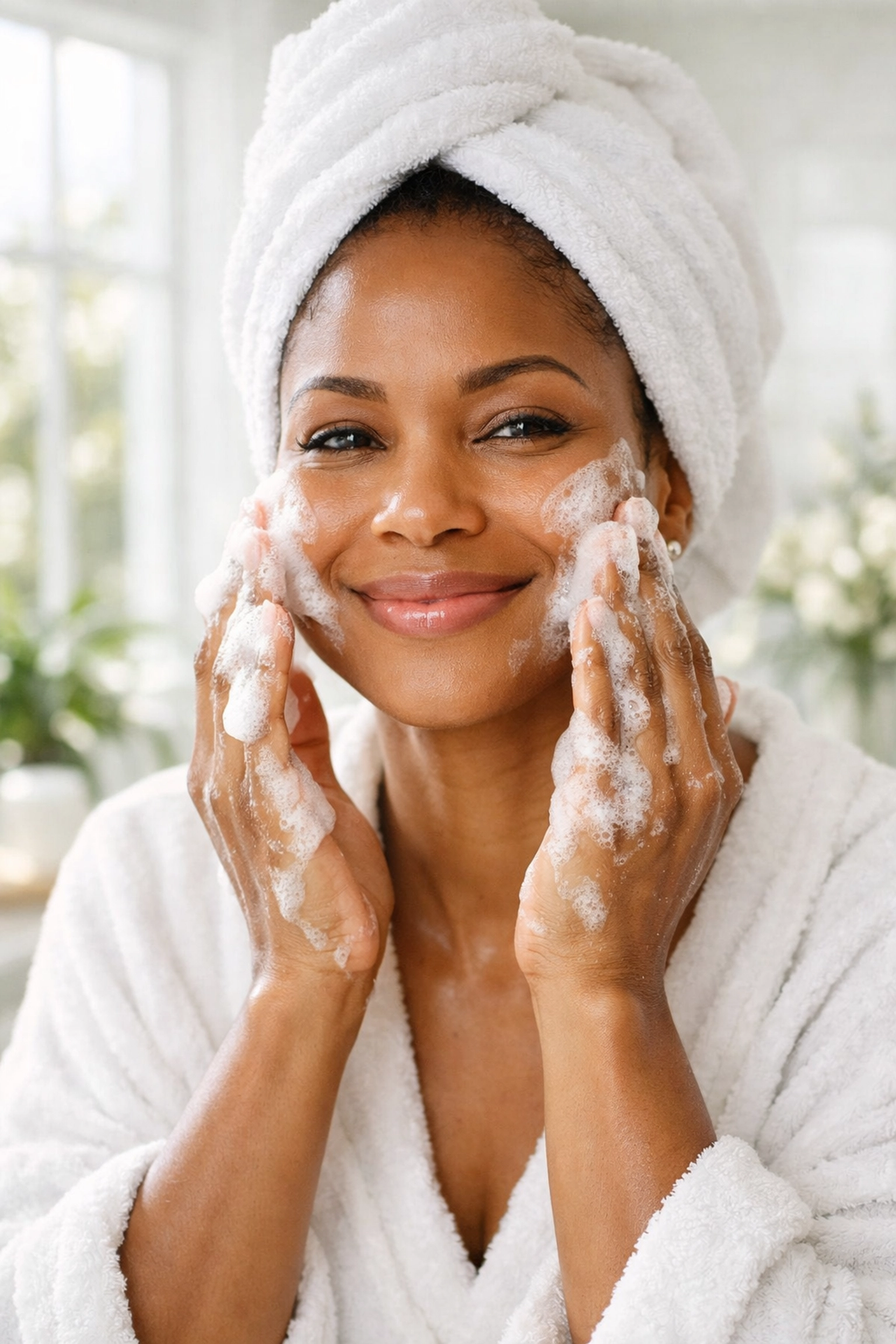 African American woman using a gentle foaming cleanser for melanin-rich skin to prevent dark spots.