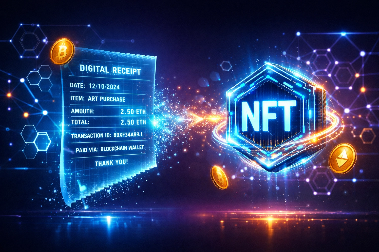 Holographic NFT receipt transforming into blockchain token with transaction metadata for crypto accounting