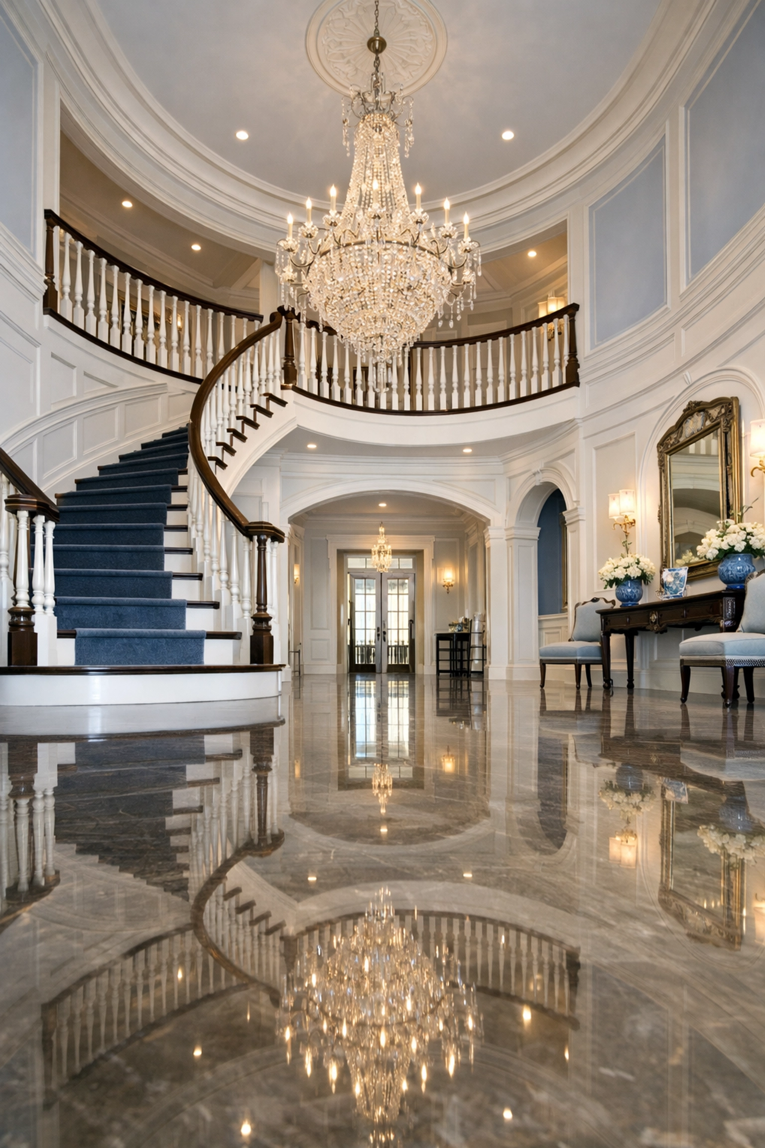 Spotless grand foyer and staircase in a Dover home, typical of residential cleaning Massachusetts.
