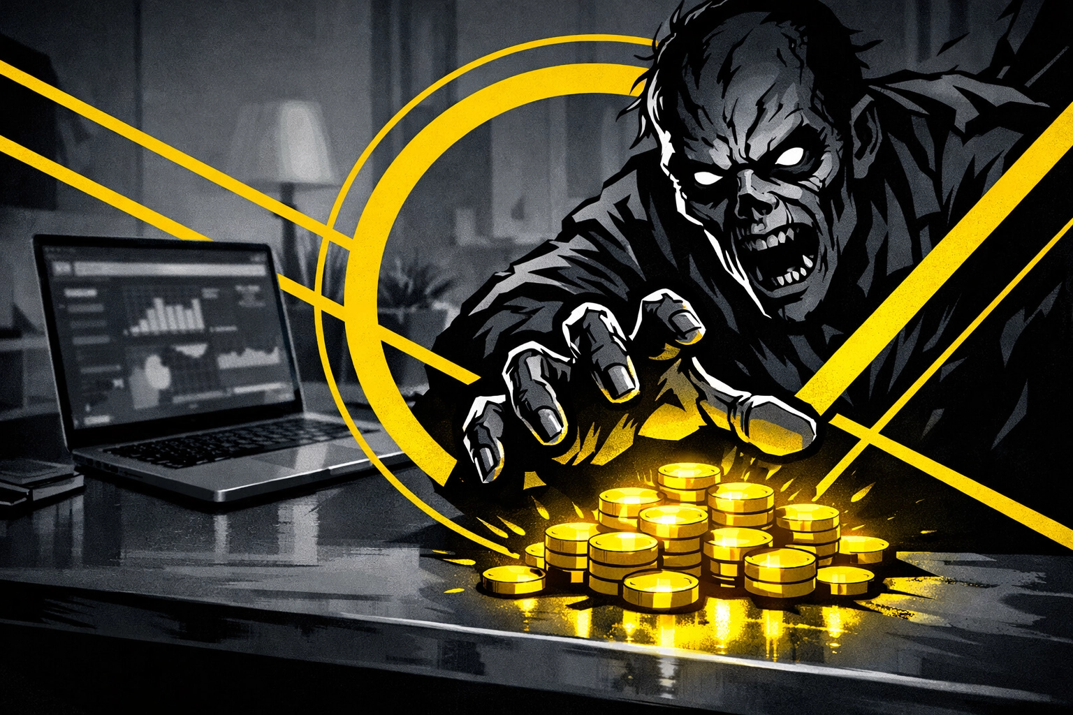 Zombie PPC campaigns draining Amazon ad spend on a laptop dashboard, highlighting amazon ads management