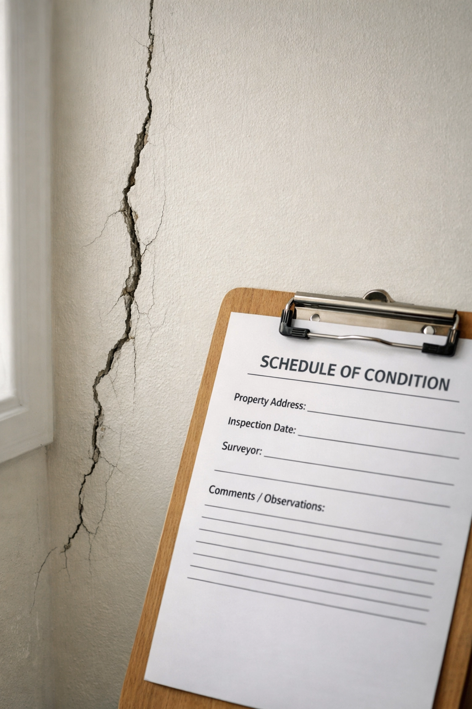 Wall crack documented on schedule of condition form during party wall survey inspection