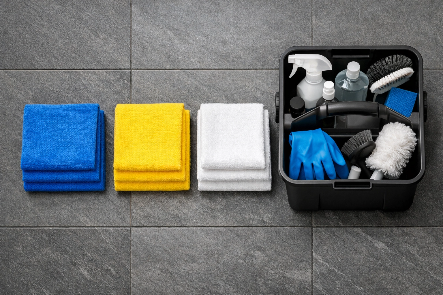 Professional-grade cleaning supplies and color-coded microfiber cloths for efficient residential service.