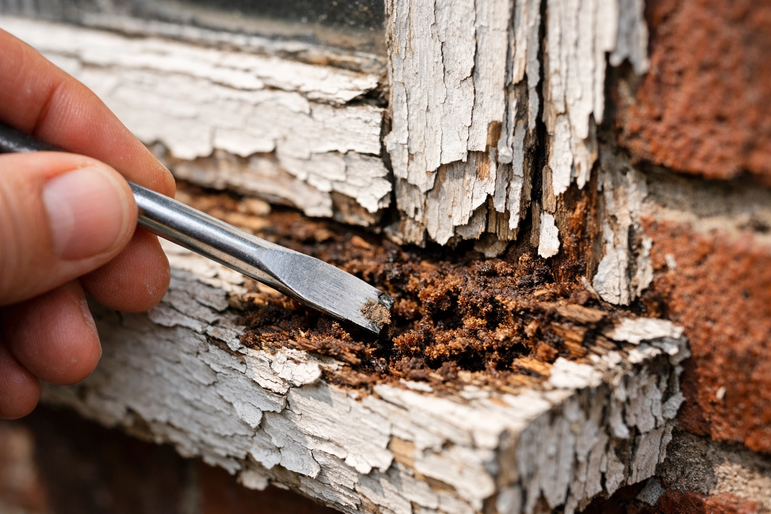 Identifying wood rot on a window sill with a screwdriver probe in Toronto and the GTA.