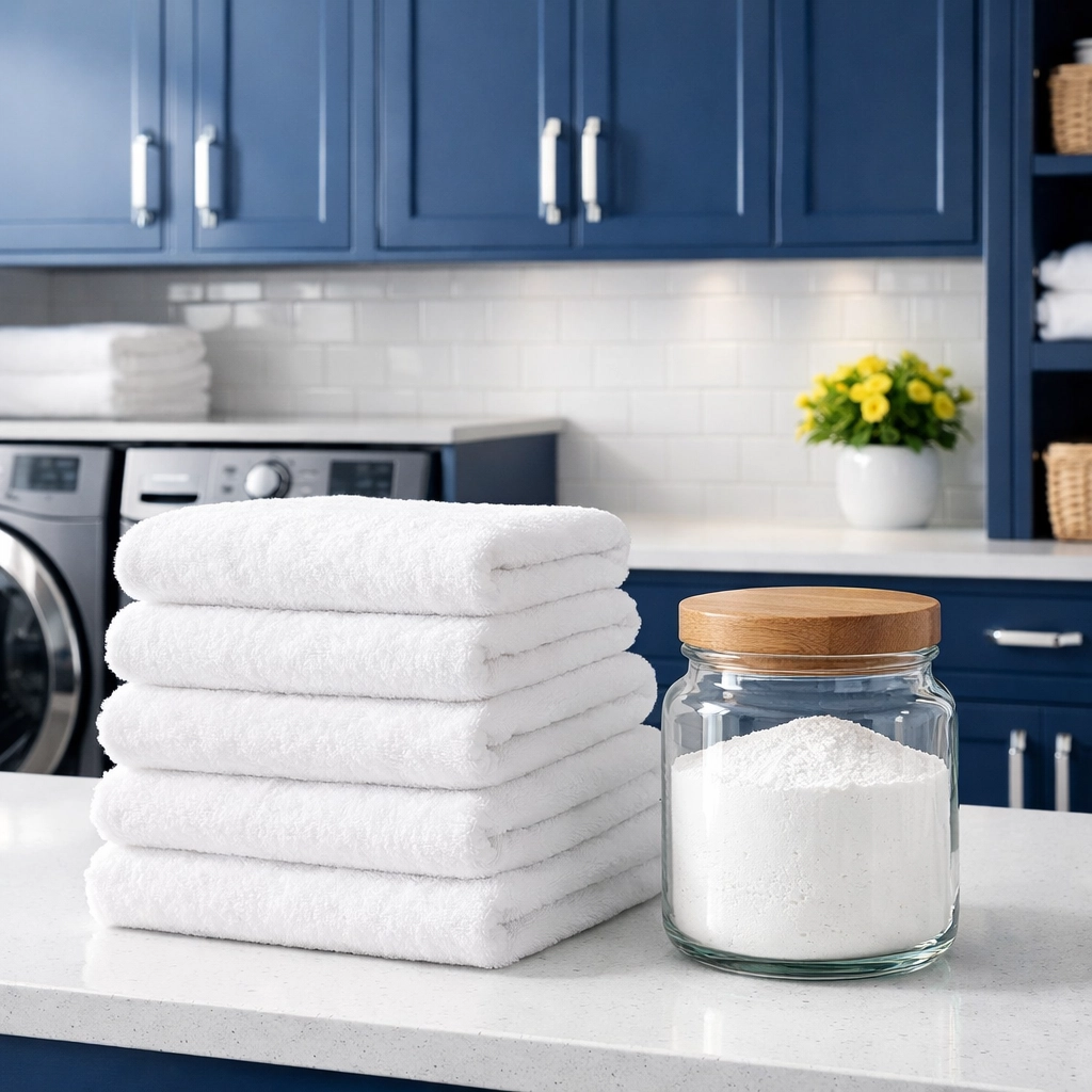 Fresh white towels and baking soda in a laundry room for non-toxic, bright laundry.