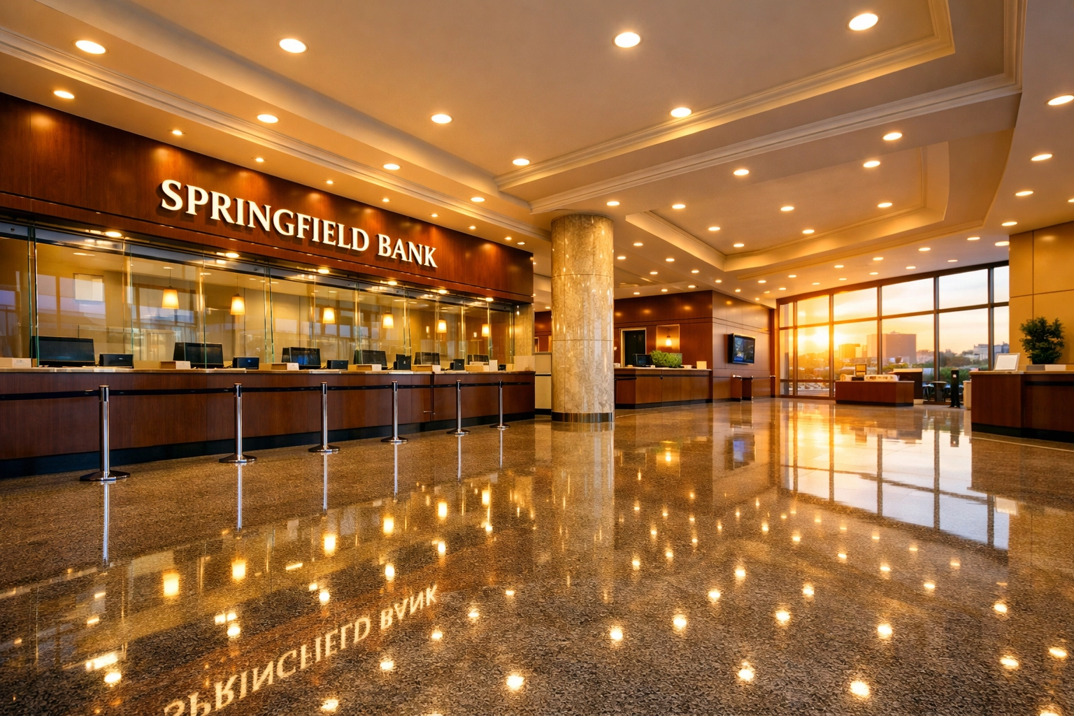Pristine Springfield bank lobby featuring sparkling teller windows and deep-cleaned granite floors.