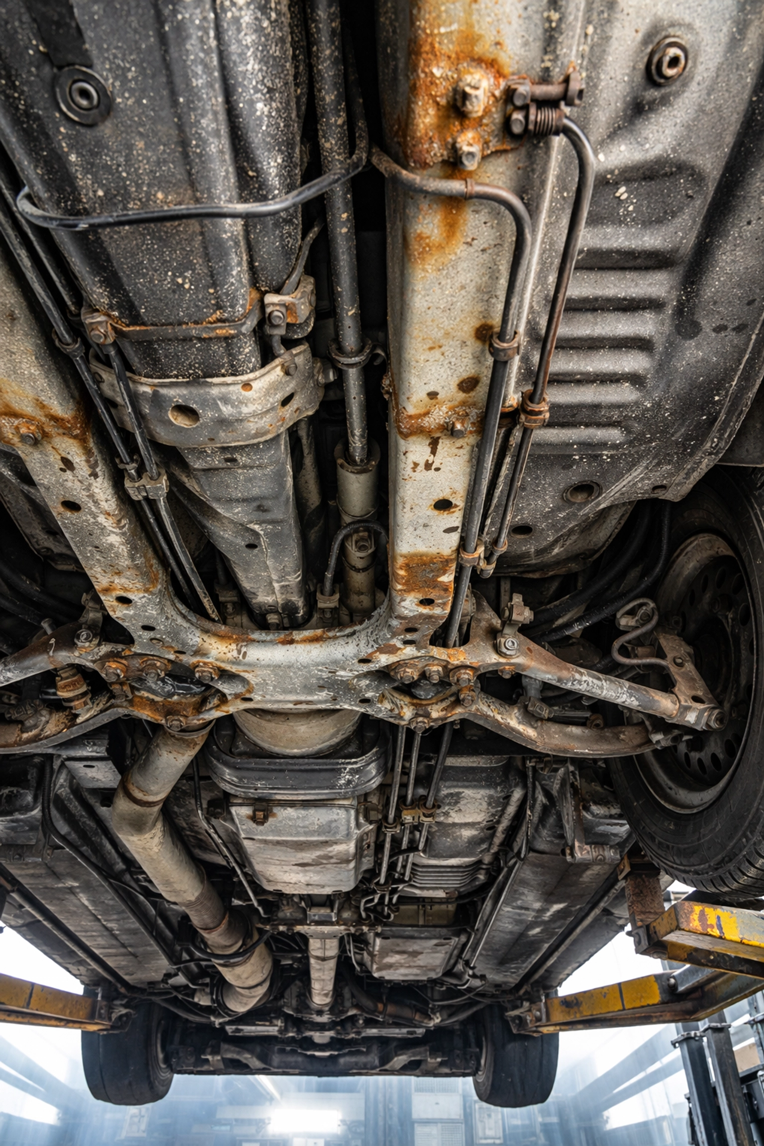 Undercarriage of a vehicle showing salt deposits and early rust in seams and brake lines
