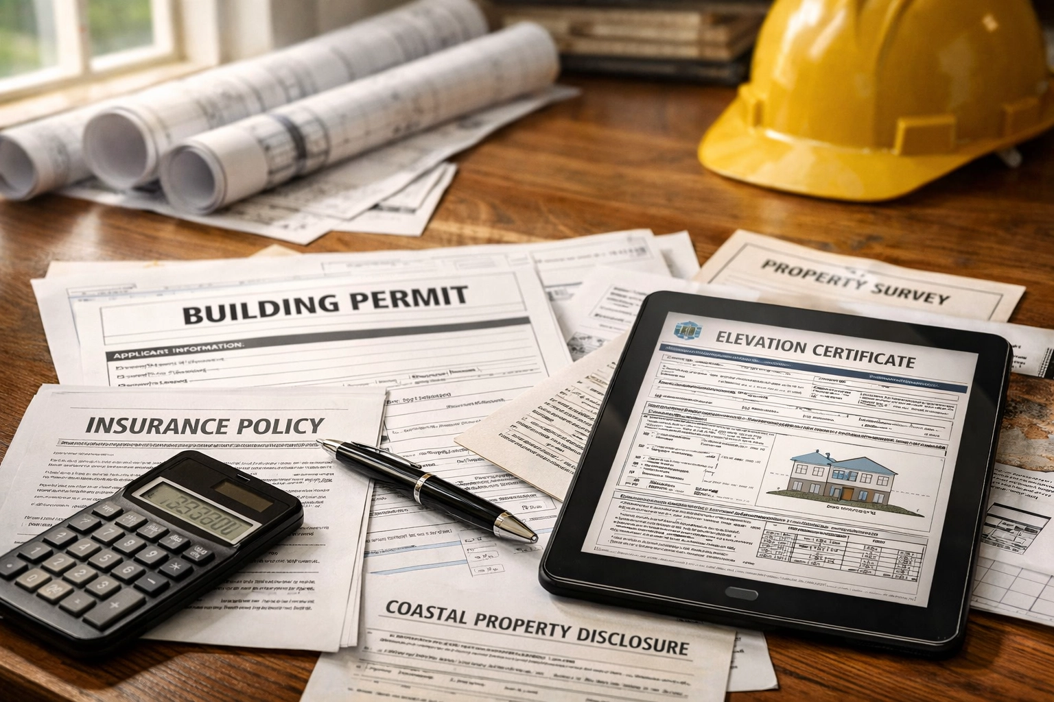 Fort Myers Beach property investment documents including permits, insurance papers, and elevation certificates