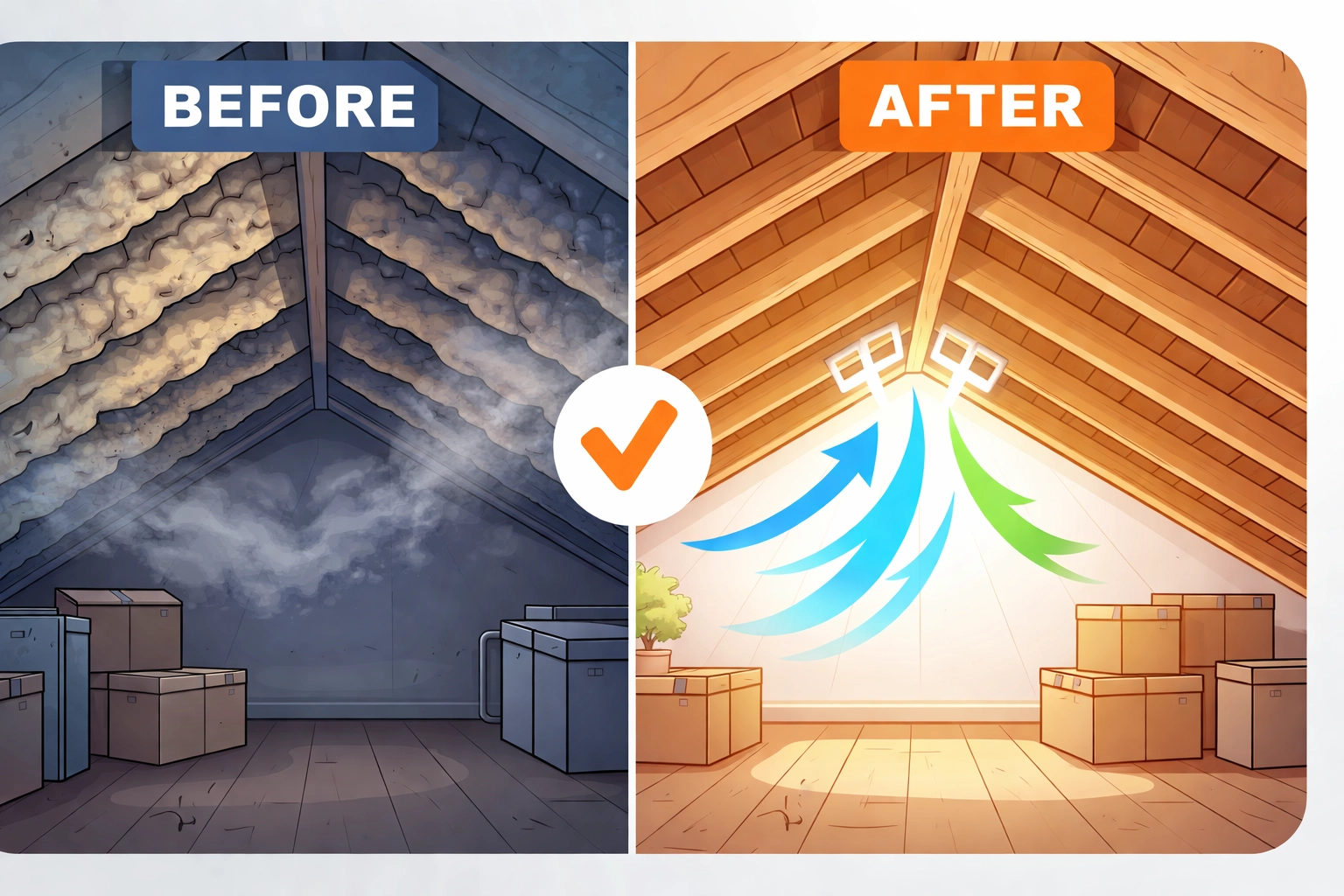 Before and after spray foam removal in a loft, illustrating improved ventilation and restored mortgage eligibility.