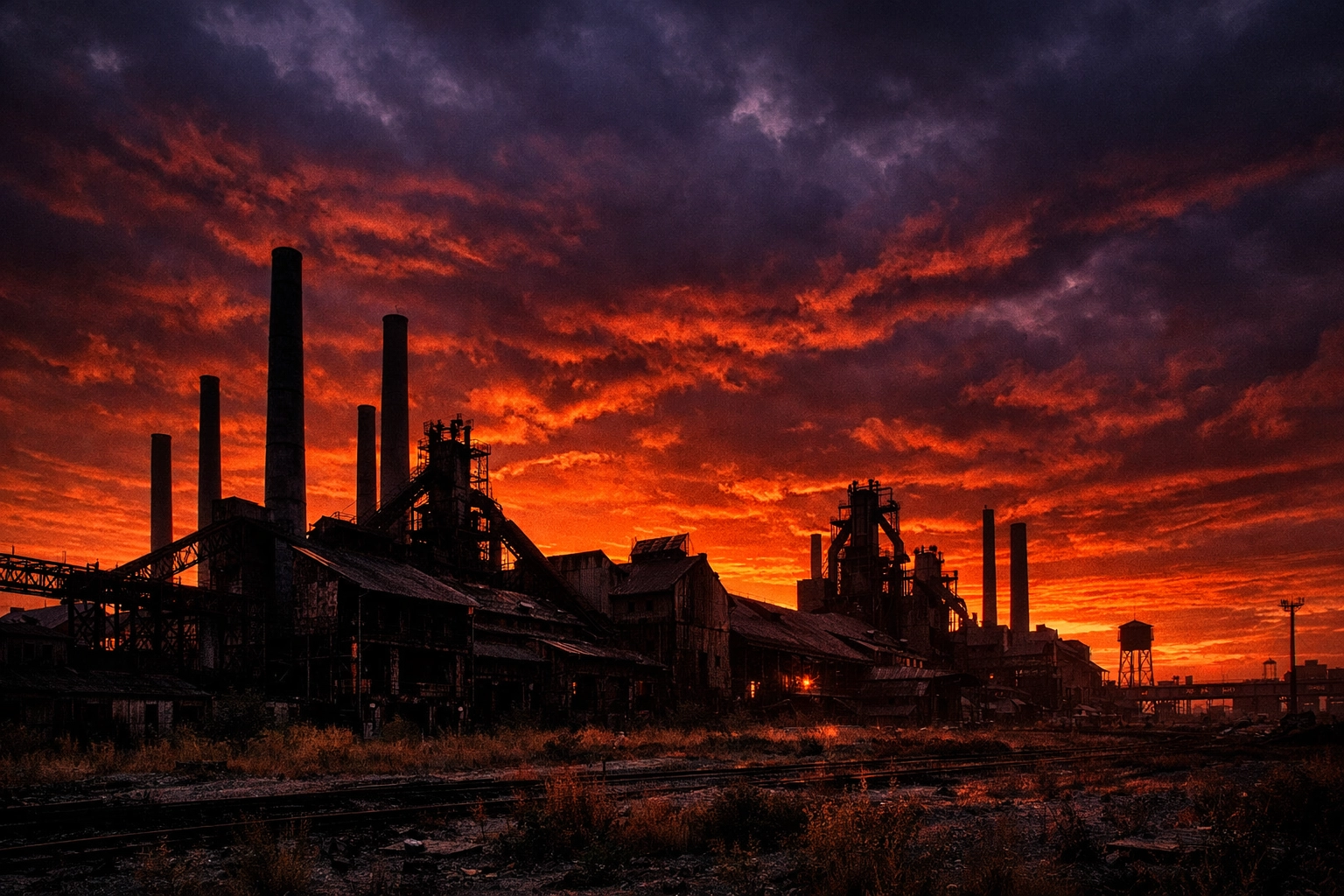 Silent industrial factory silhouetted at sunset, representing manufacturing job loss in the Rust Belt.
