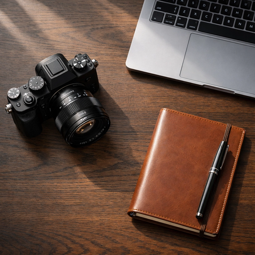 Professional photography desk setup with a camera and laptop for building a high-end photography career.
