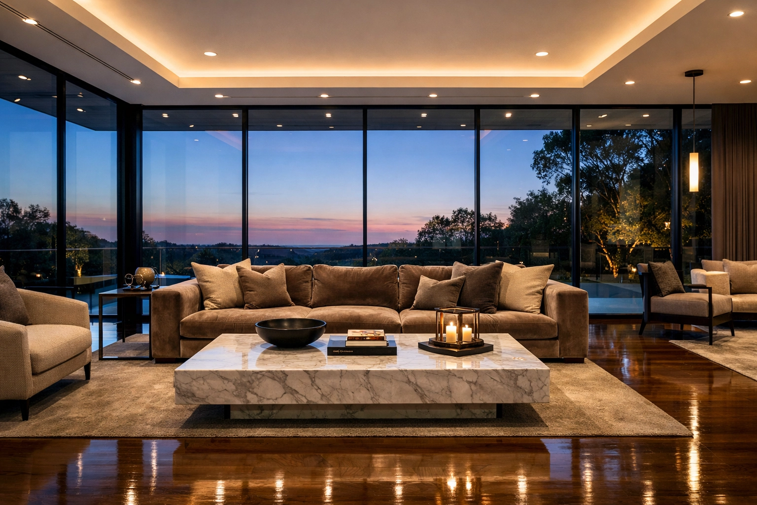 Professional real estate photography showcasing a luxury modern living room with balanced interior lighting.