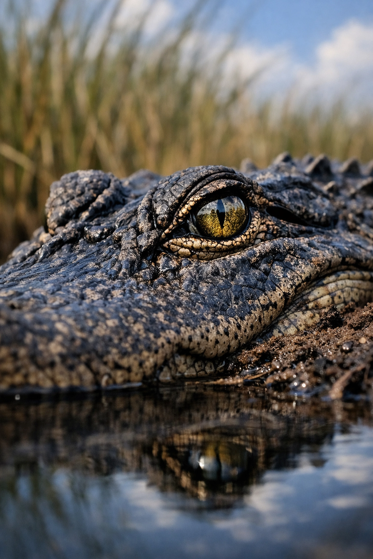 Close-up of an American Alligator's eye on a muddy bank in Everglades National Park.