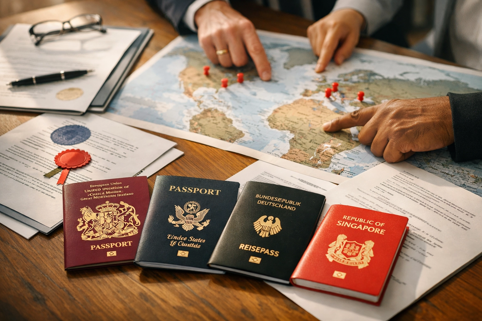 International legal documents and passports showing multi-jurisdiction investigation complexity