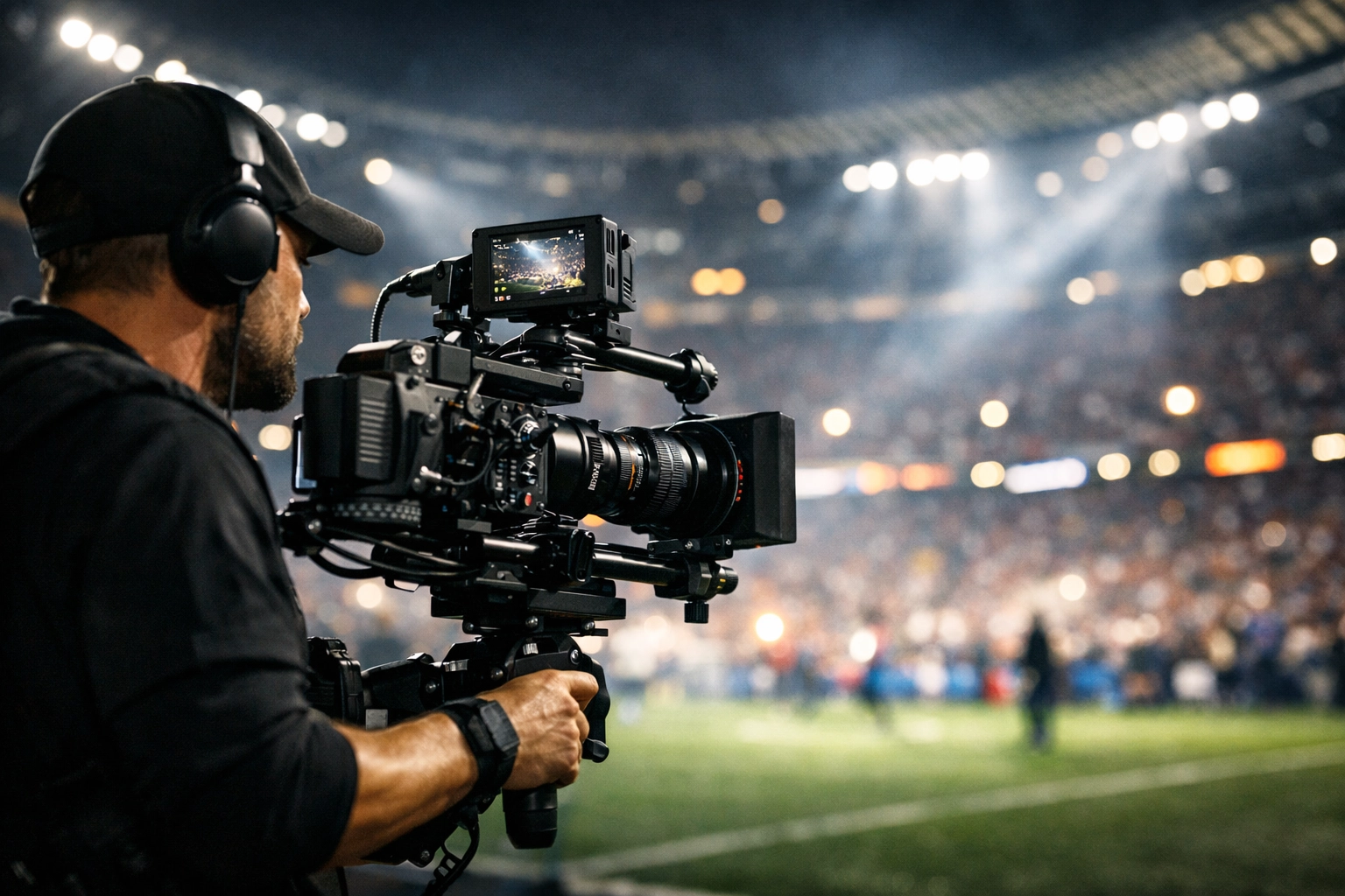 Professional videographer filming sports event with camera equipment at stadium venue