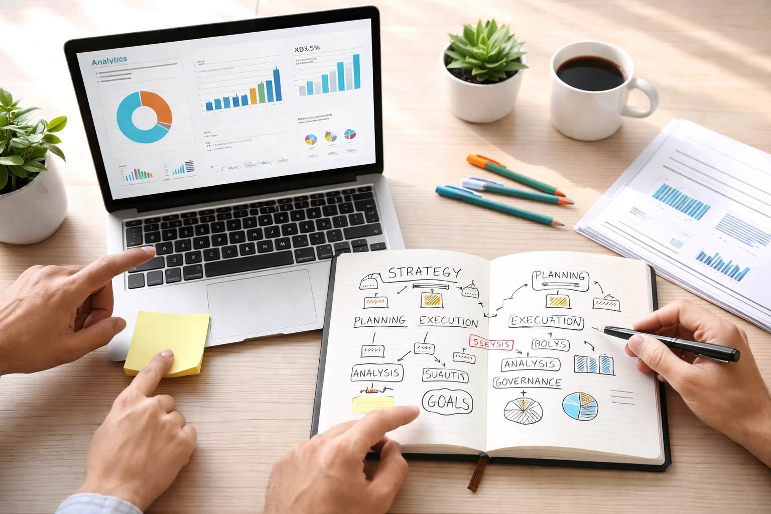 Workspace scene illustrating collaborative ServiceNow ITSM planning and governance best practices.