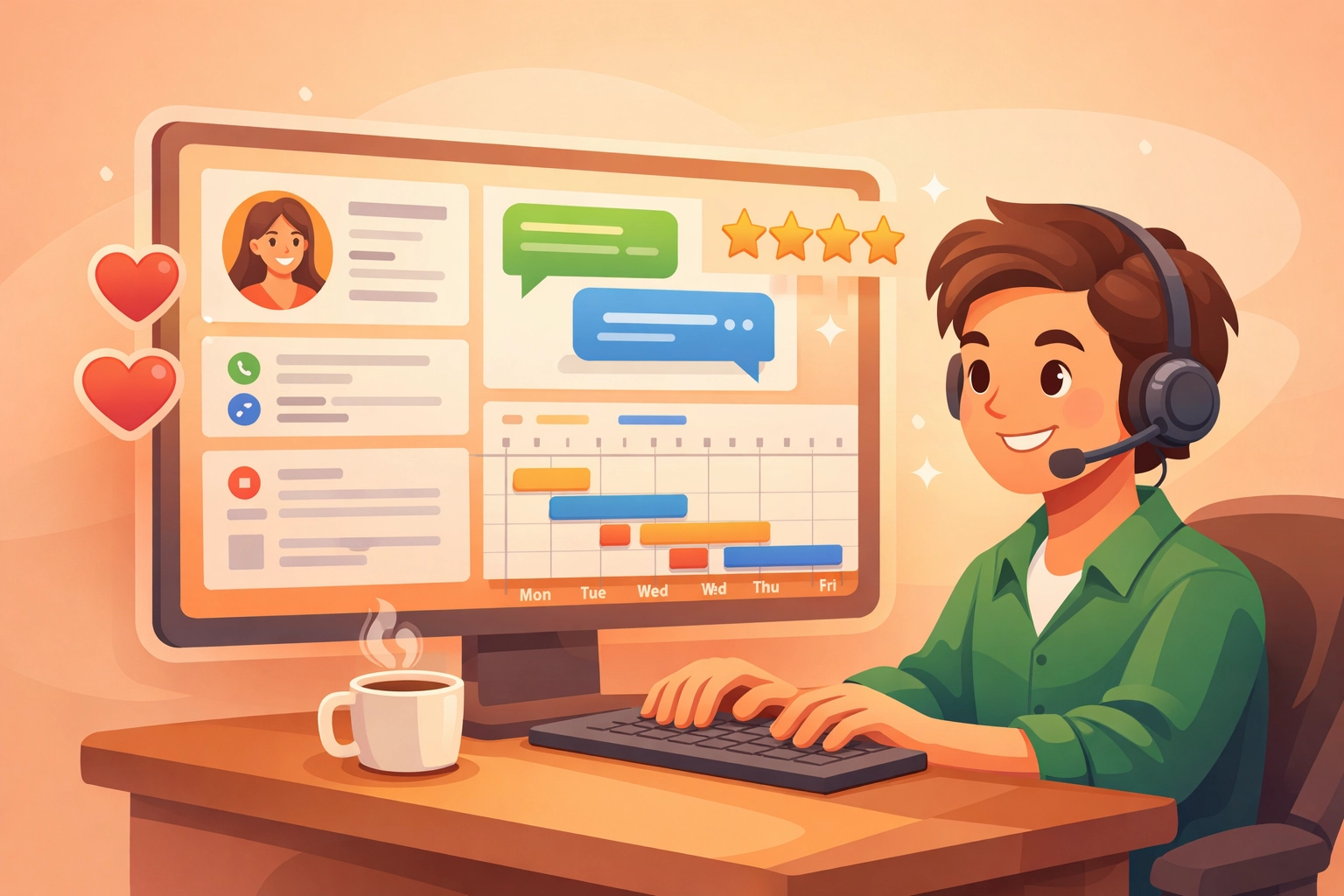 Customer service representative accessing unified customer data and project information in one platform