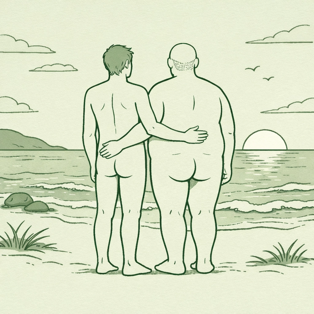 MM romance couple at naturist beach, body positivity and freedom themes
