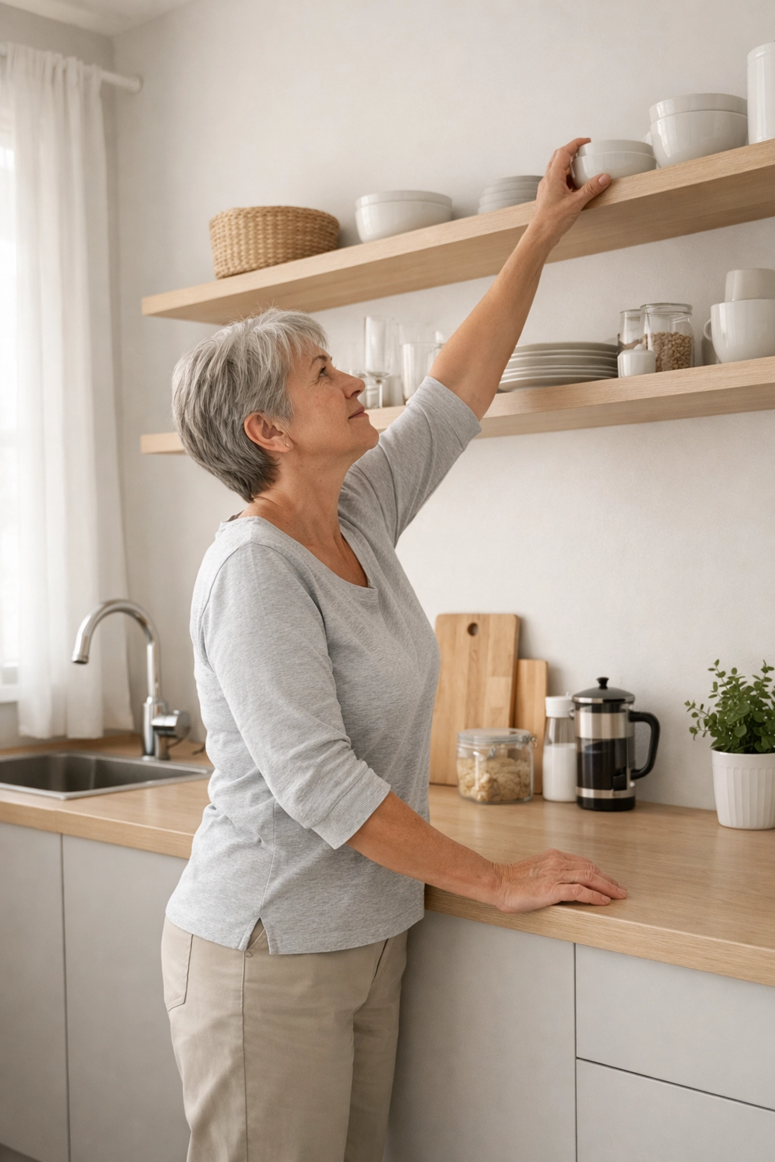 A person reaching for a kitchen shelf, showing mobility restoration at pain relief centers near me.