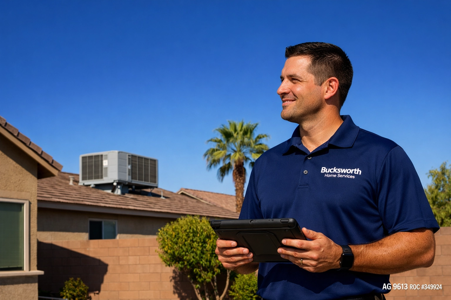 Bucksworth Home Services technician inspecting a rooftop AC unit to provide reliable maintenance in Chandler.