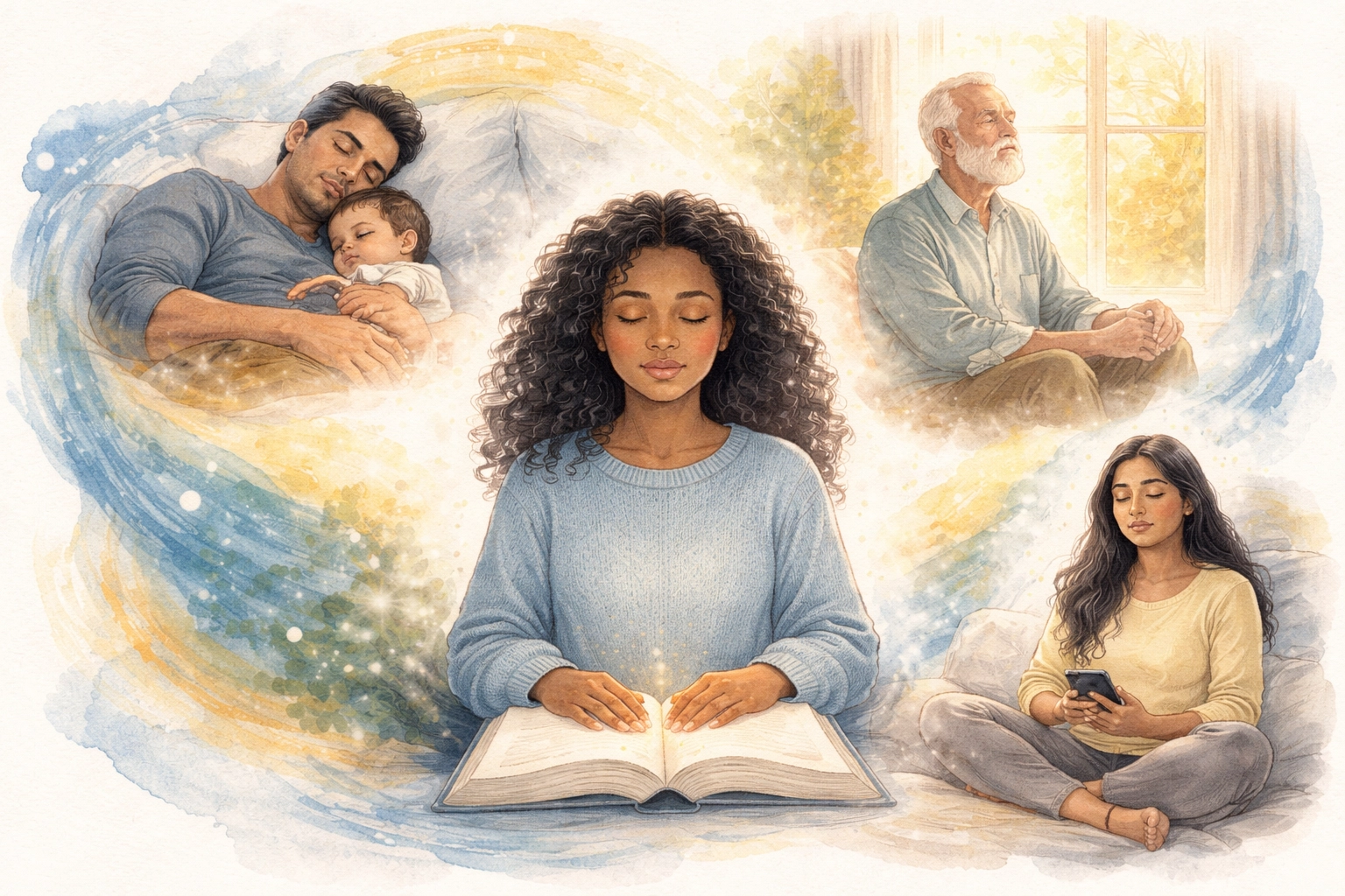 Illustration of a diverse group experiencing peaceful spiritual rest, highlighting Bible study and Sabbath reflection.