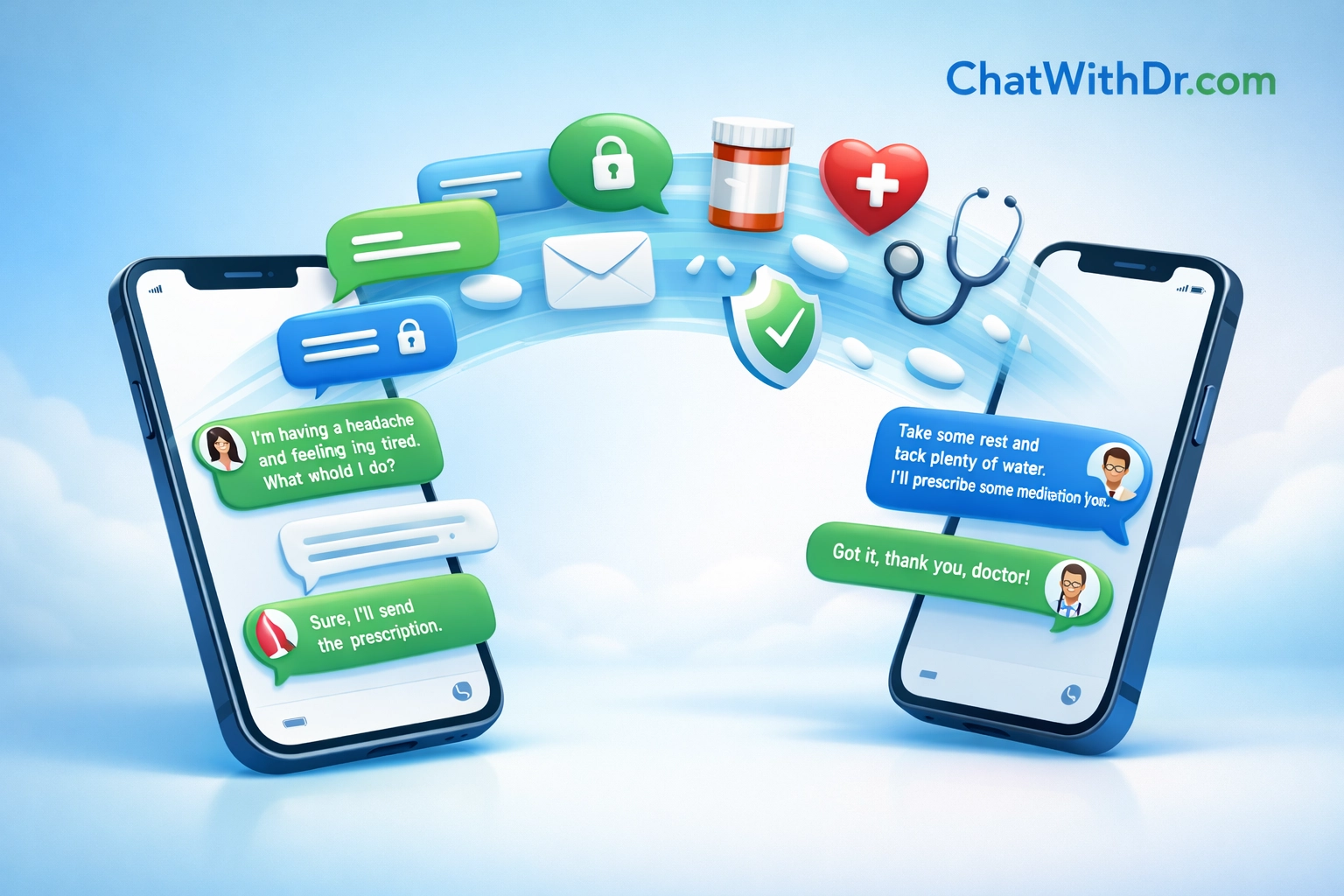 Text-based telehealth consultation showing secure medical messaging between doctor and patient