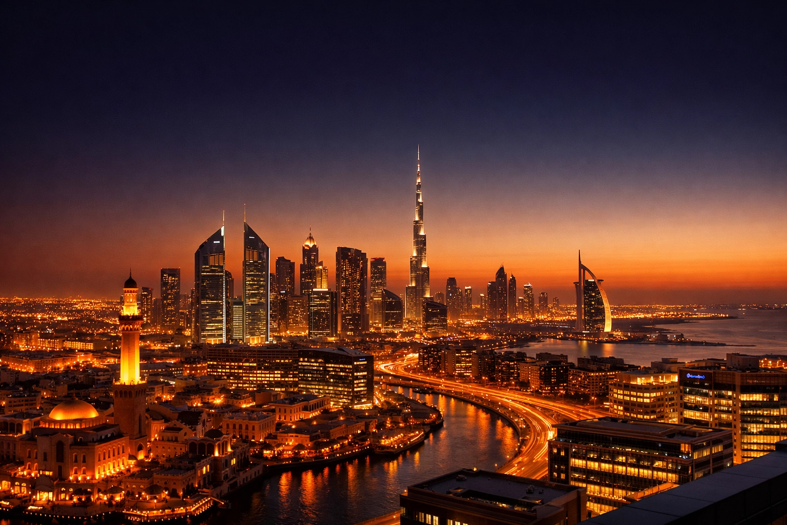 Dubai free zone and mainland business areas at dusk showing strategic company setup locations in UAE