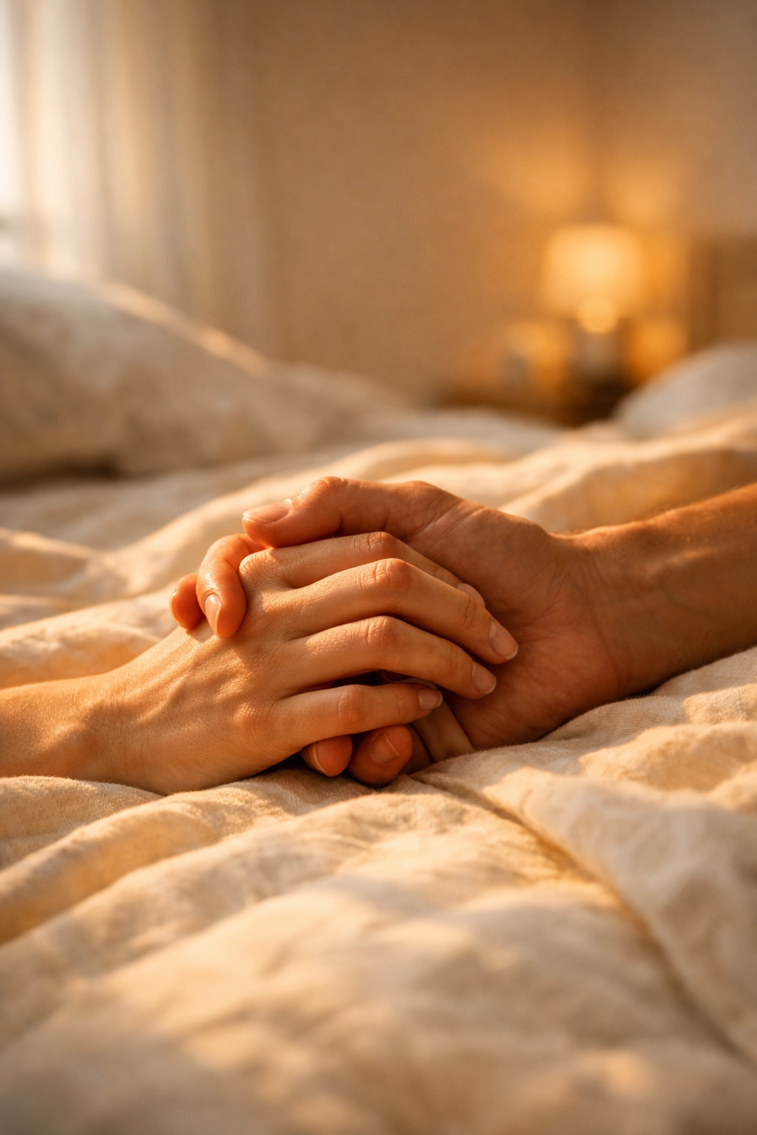 Intertwined hands on soft sheets representing emotional connection and sexual confidence in India.