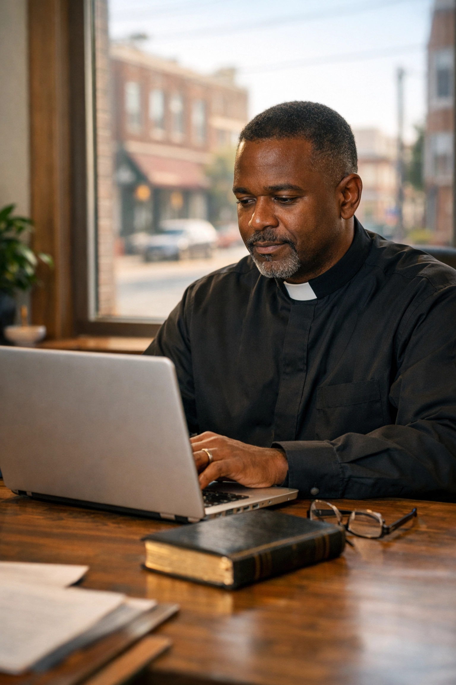 Black church leader using a laptop to manage faith-based community development projects.