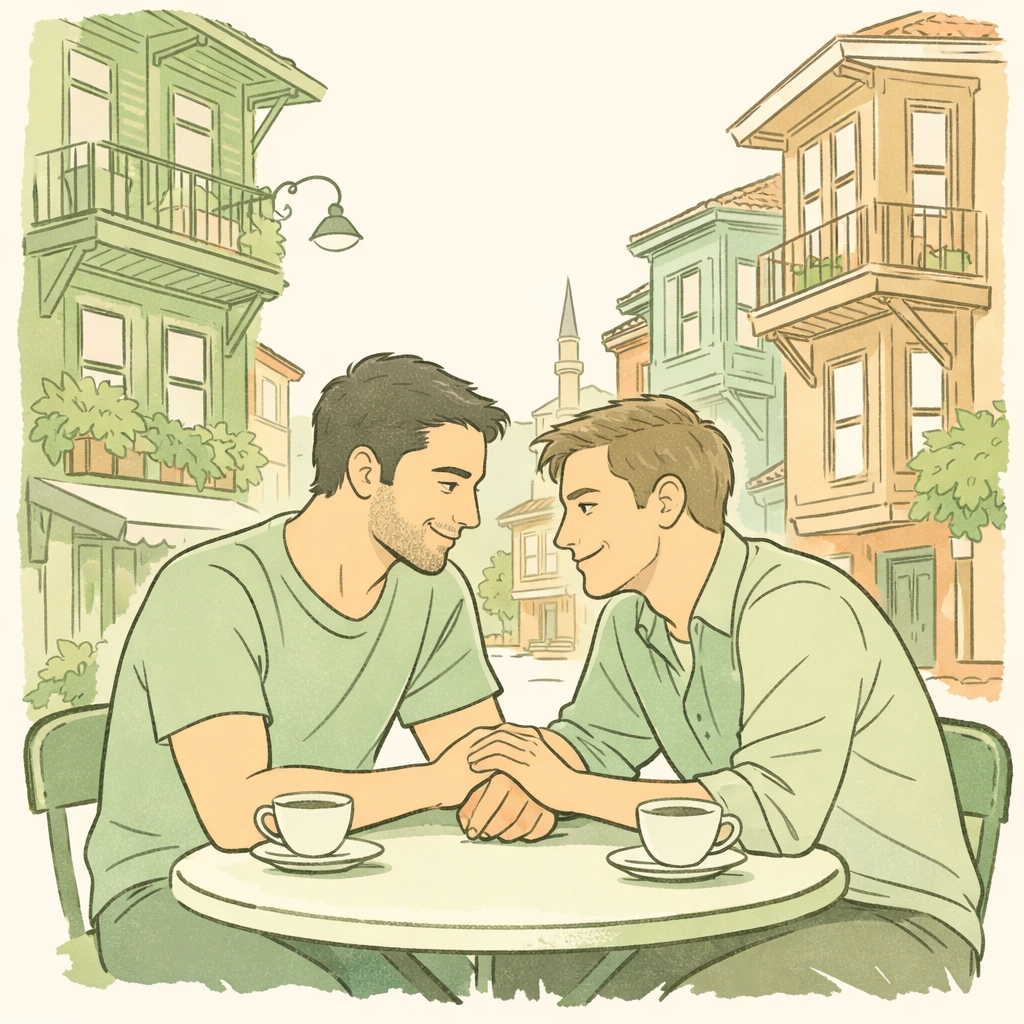 Gay couple at outdoor cafe in Istanbul's historic Balat district with colorful buildings