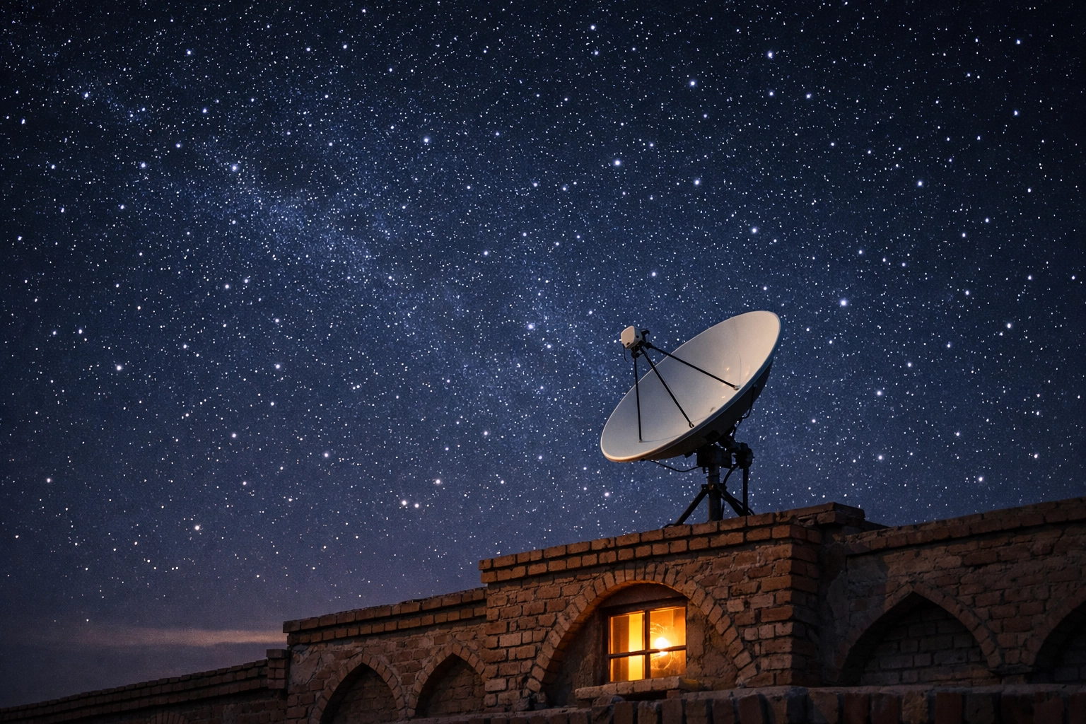 Satellite dish on a Persian rooftop at twilight, bringing Christian broadcasts to Iran.
