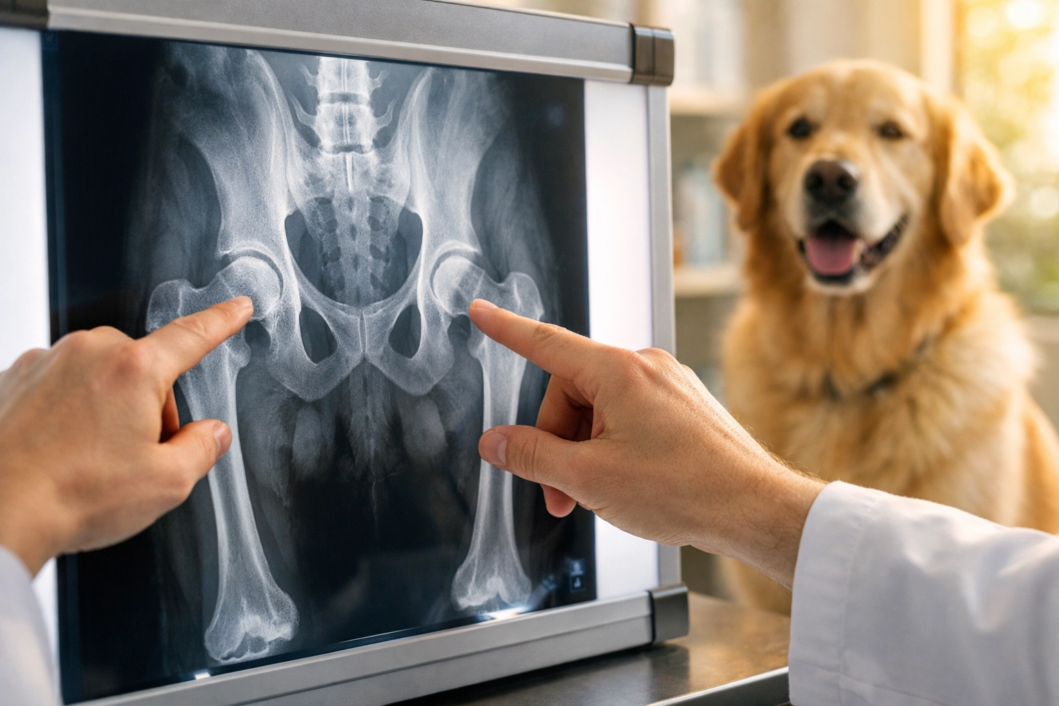 Veterinarian reviewing Golden Retriever hip X-ray for genetic health screening