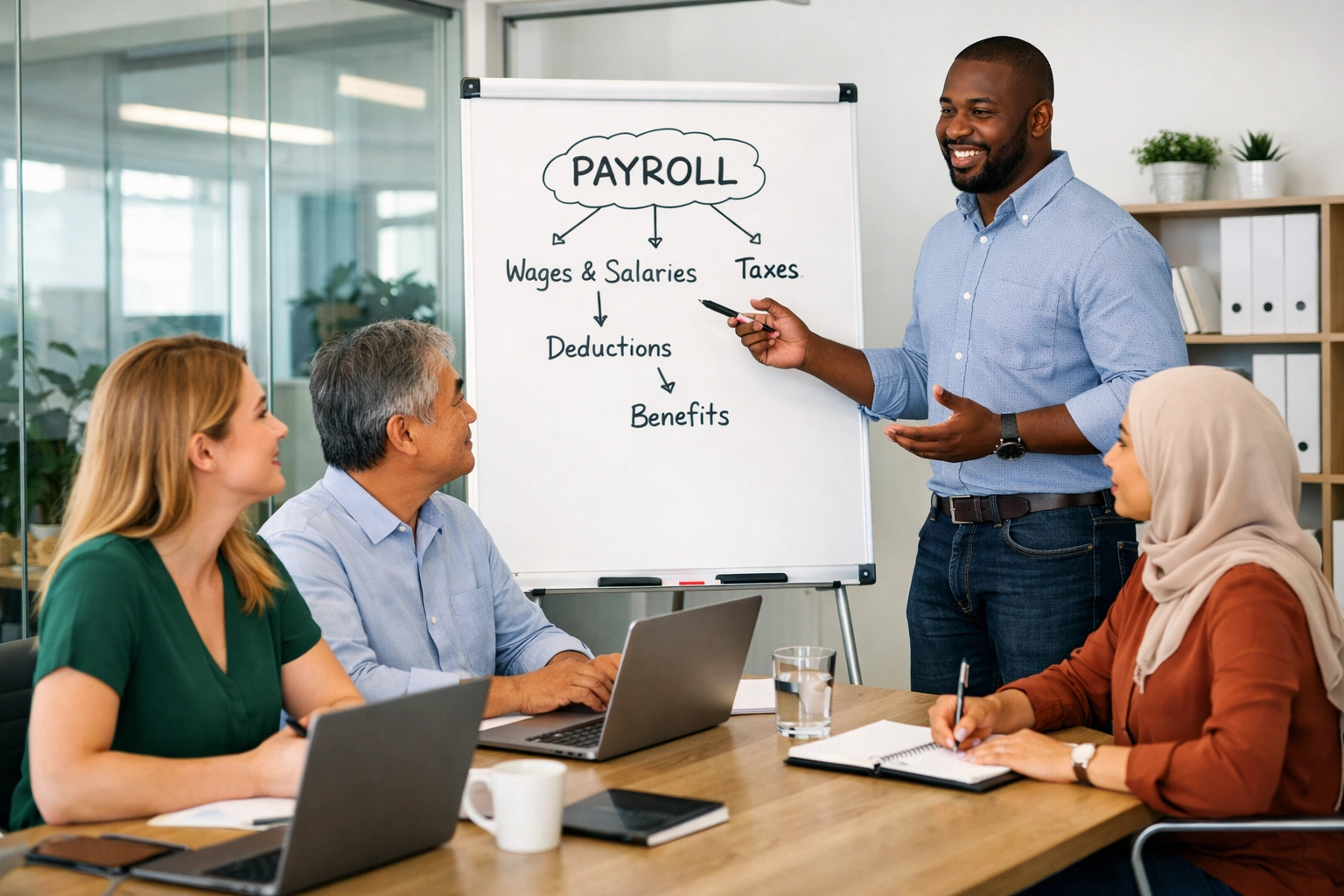 Small business team meeting discussing payroll setup and overtime deduction policies