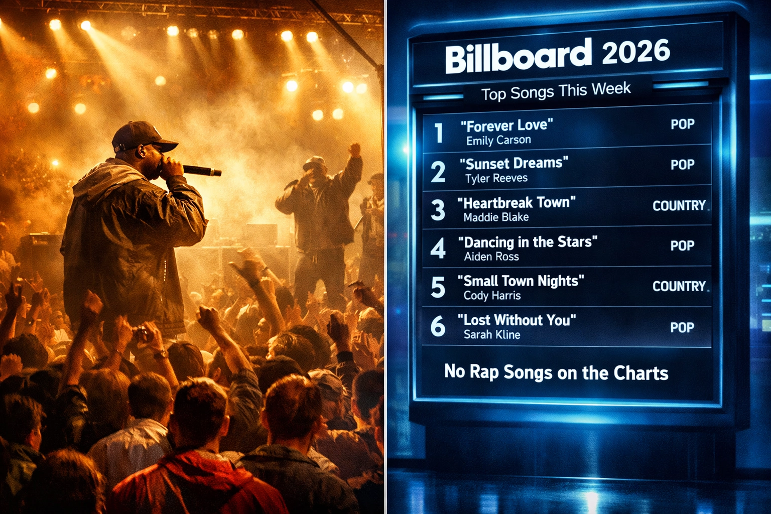 Hip-hop's decline from 1990s concert crowds to empty 2026 Billboard rap charts