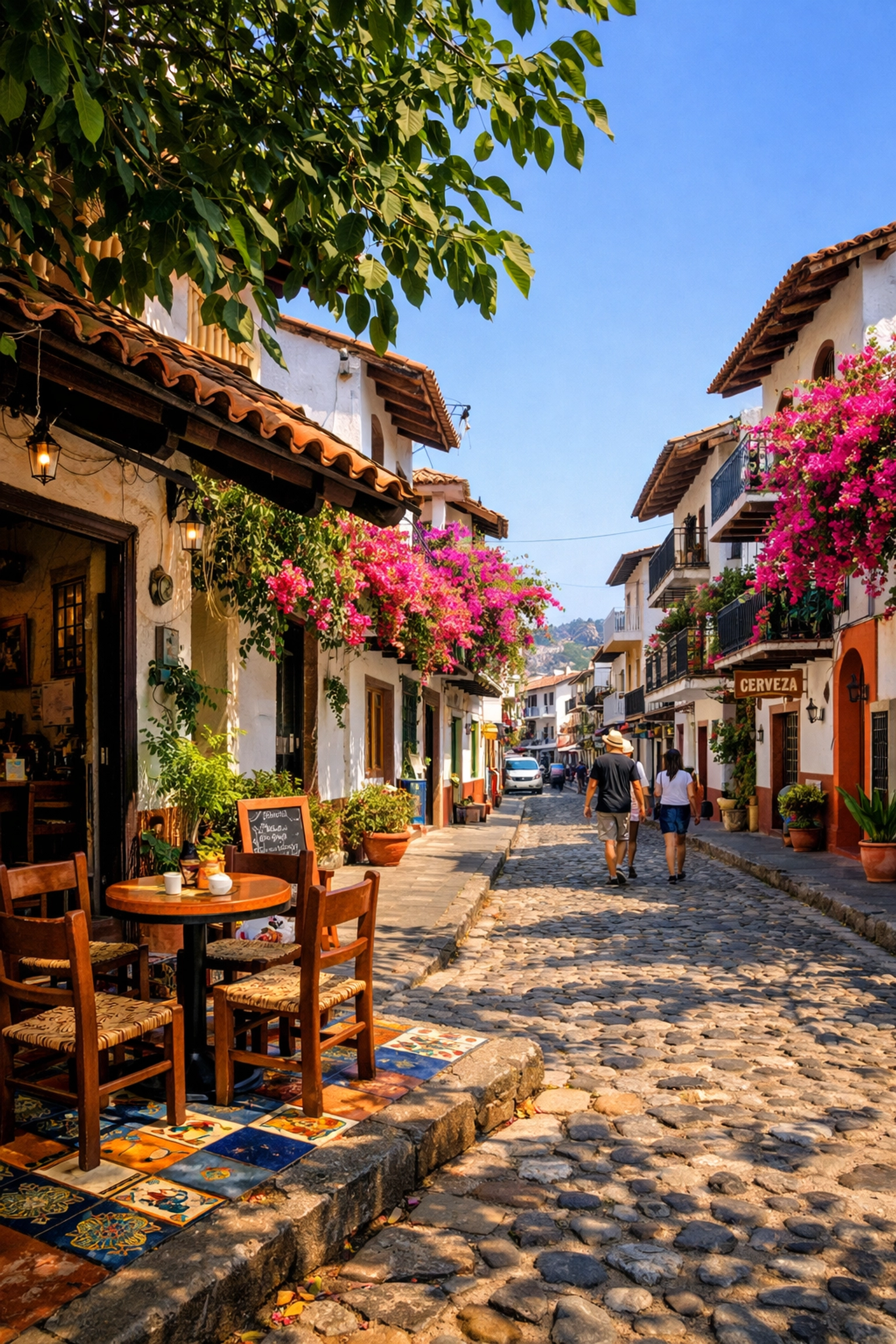 Vibrant cobblestone street in Zona Romántica Puerto Vallarta, ideal for digital nomads staying in local condo rentals.