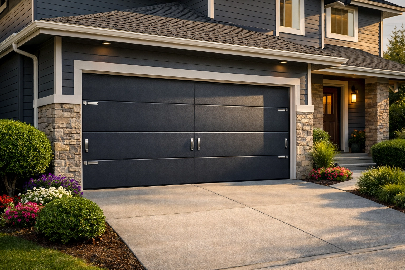 Modern garage door replacement with landscaped curb appeal for high ROI home improvement