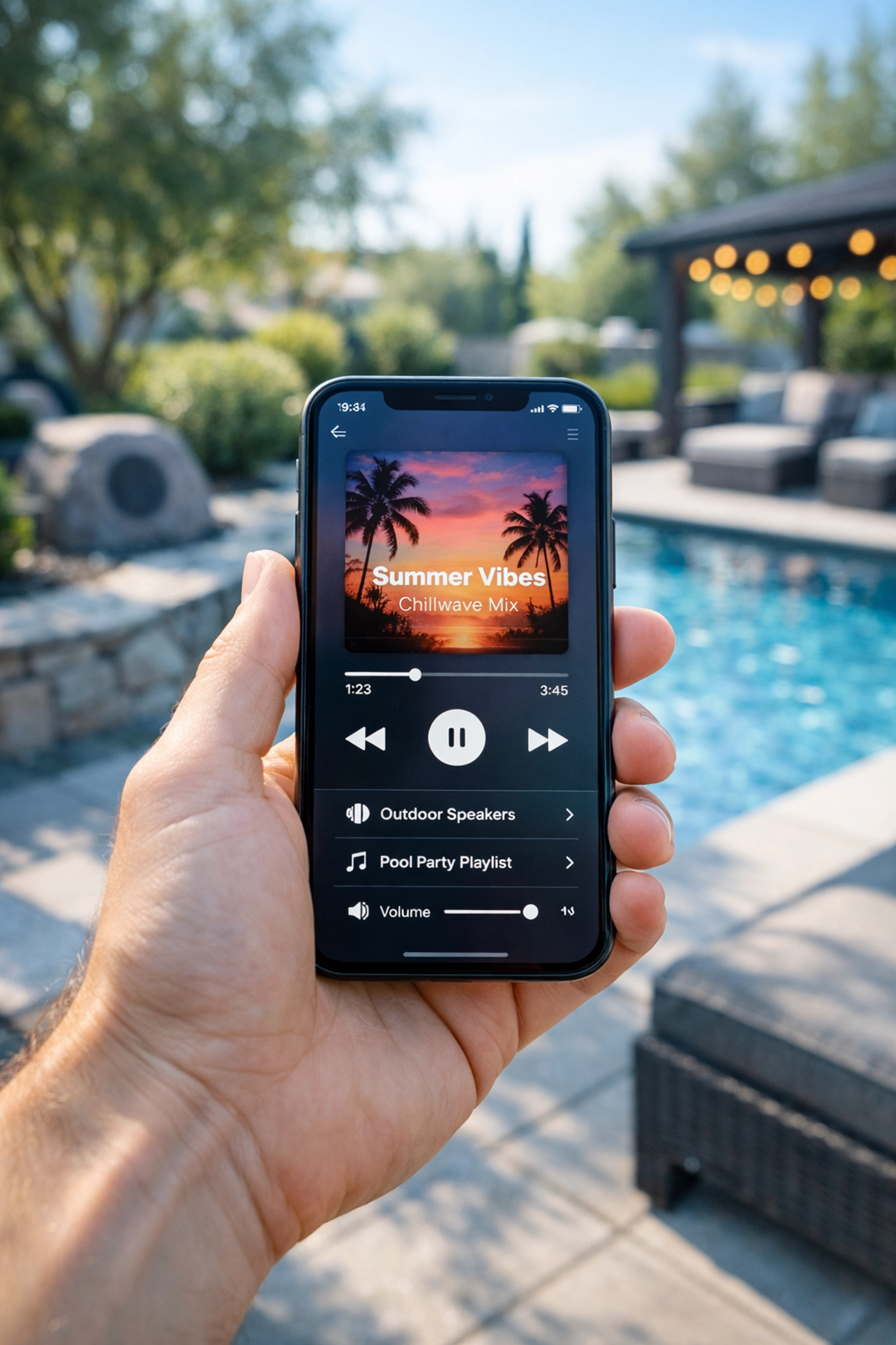 Smartphone controlling outdoor speakers in garden entertainment area with pool