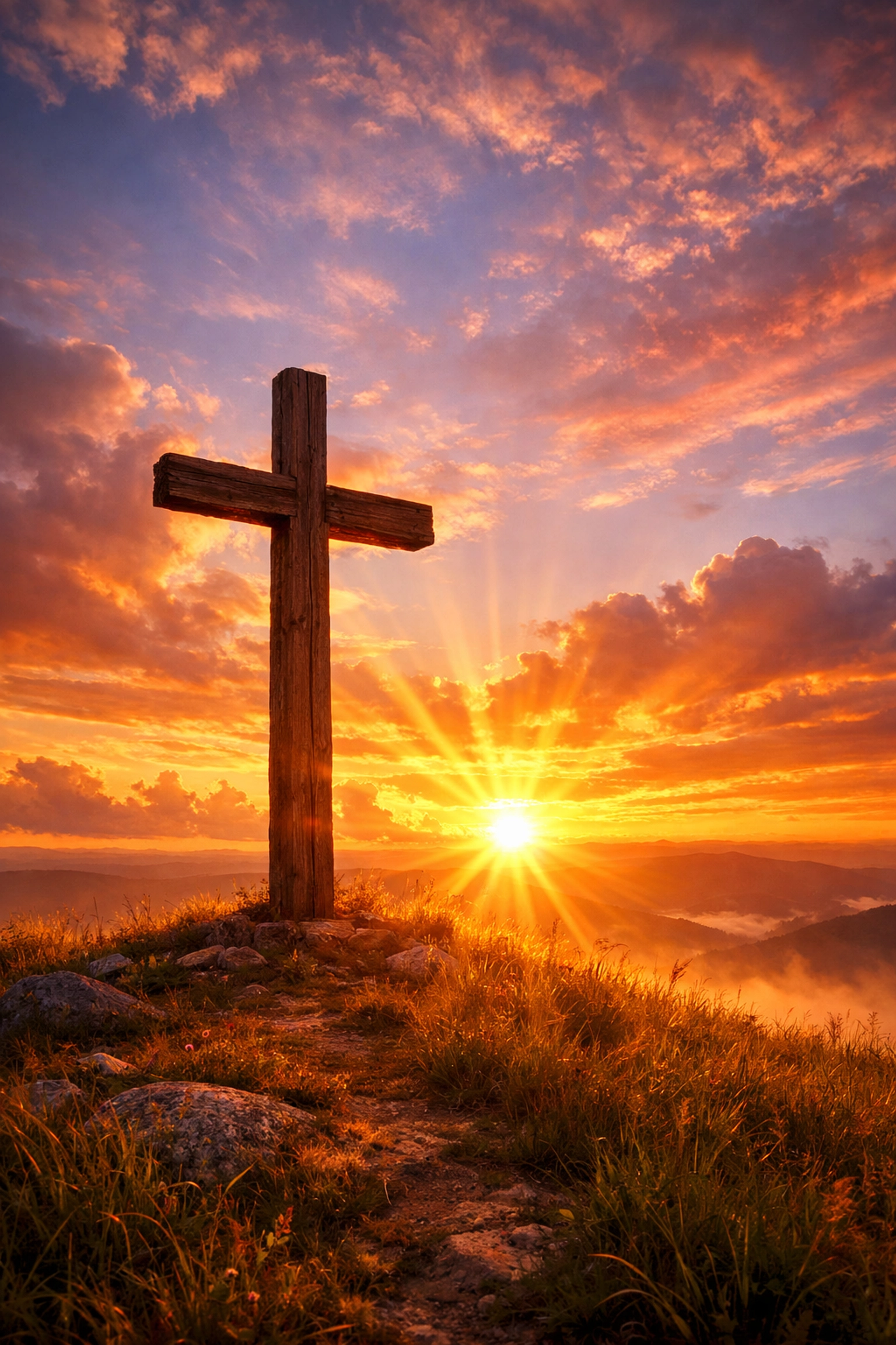 Wooden cross at sunrise representing Jesus Christ's salvation and hope for humanity