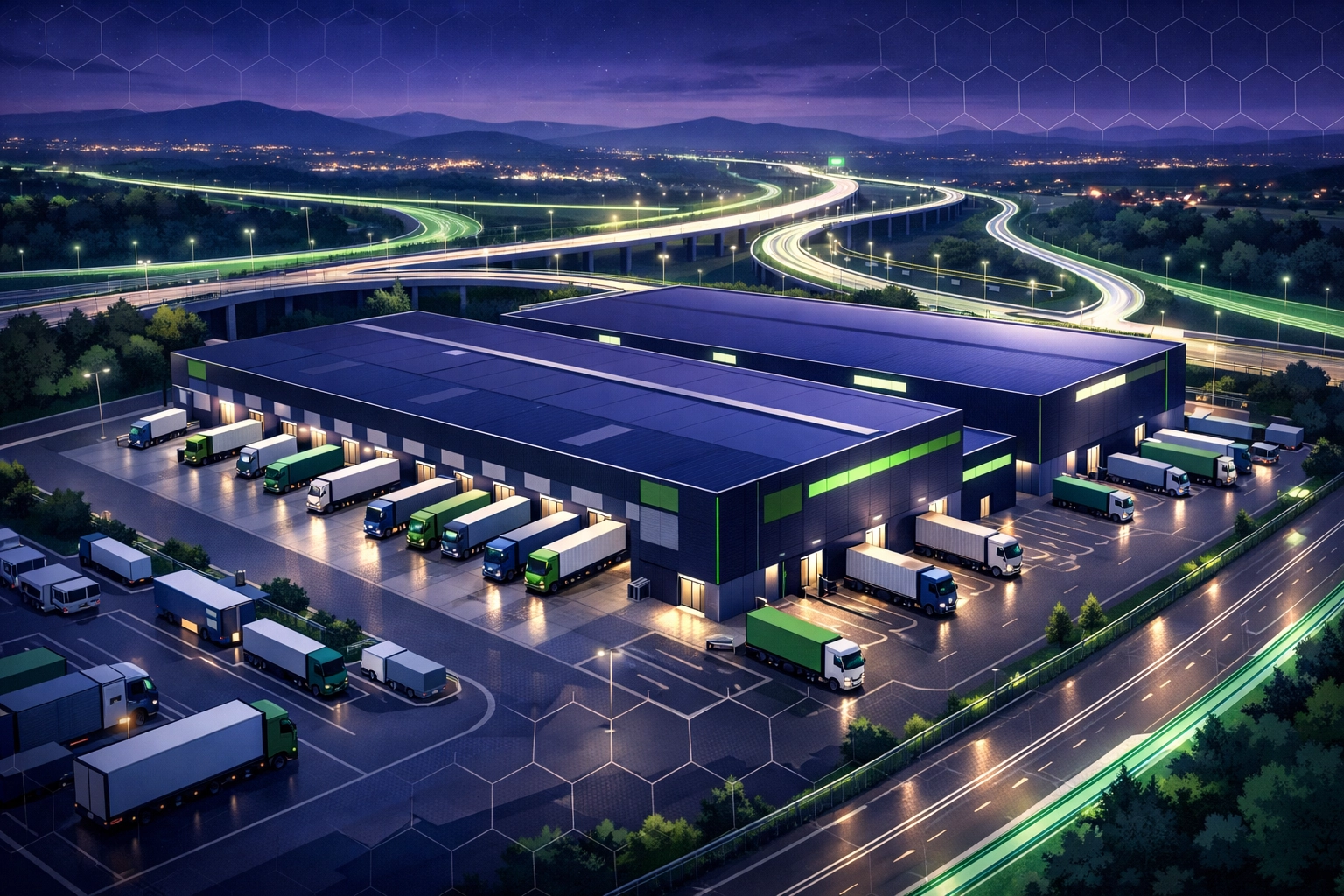 Modern logistics distribution center in the North West with HGV trucks at loading bays.