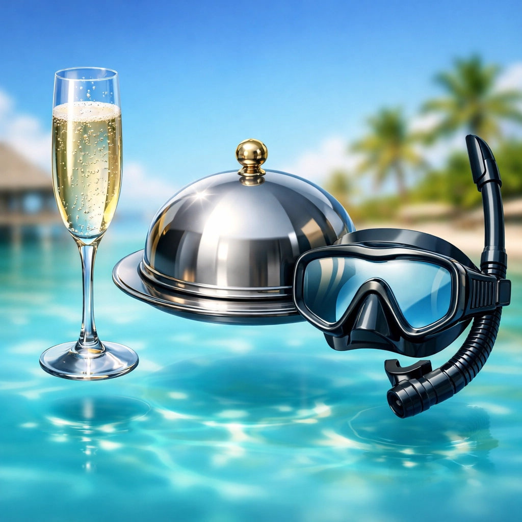 Icons of champagne, fine dining, and diving representing maldives luxury resorts all-inclusive packages.