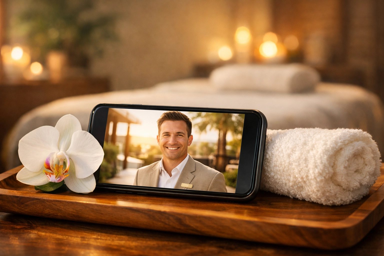 A smartphone displaying a personalized AI video concierge for luxury hotel spa services.