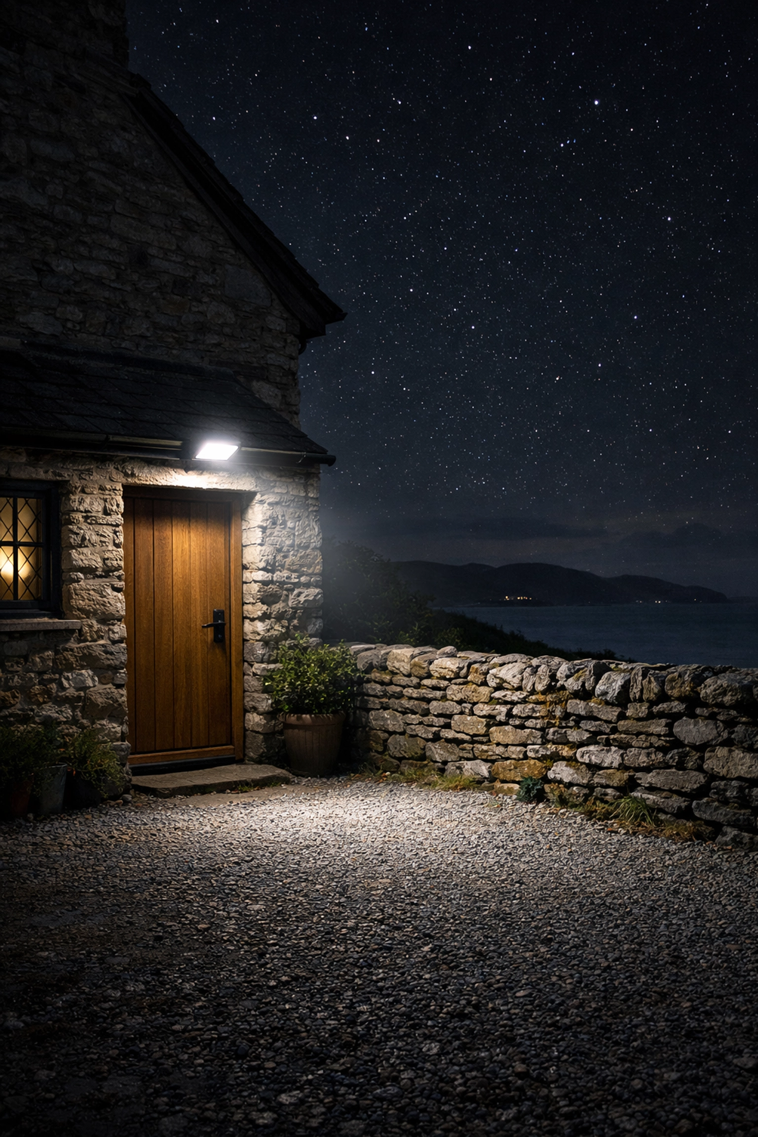 Bright LED security light on a stone cottage driveway in Minehead, Somerset, providing home protection.